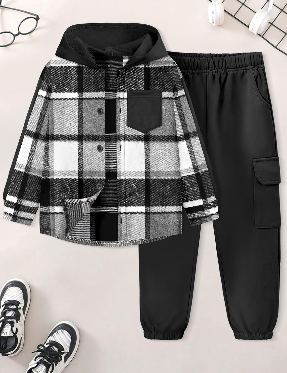 Toddler Boy Clothes Plaid Button Down Long Sleeve Hooded Shirt Tops Pants with Pockets 2Pcs Fall Winter Outfits 3-8Y - Image 5