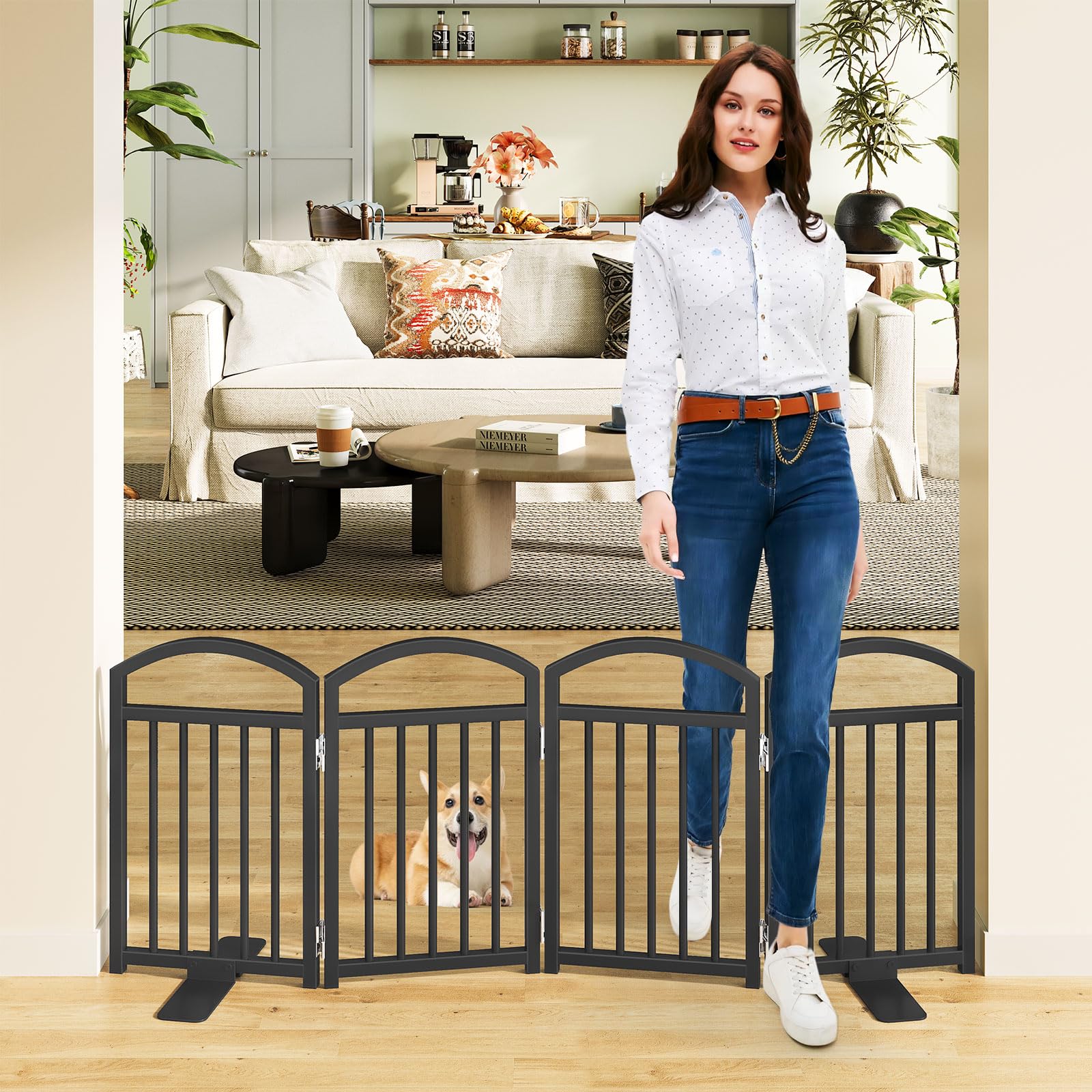 Snughome Short Dog Gate Indoor, 19.69" H Freestanding Small Dog Door Gates with Support Feet, Expands Up to 48" Wide Foldable Pet Gates for Doorway, 4