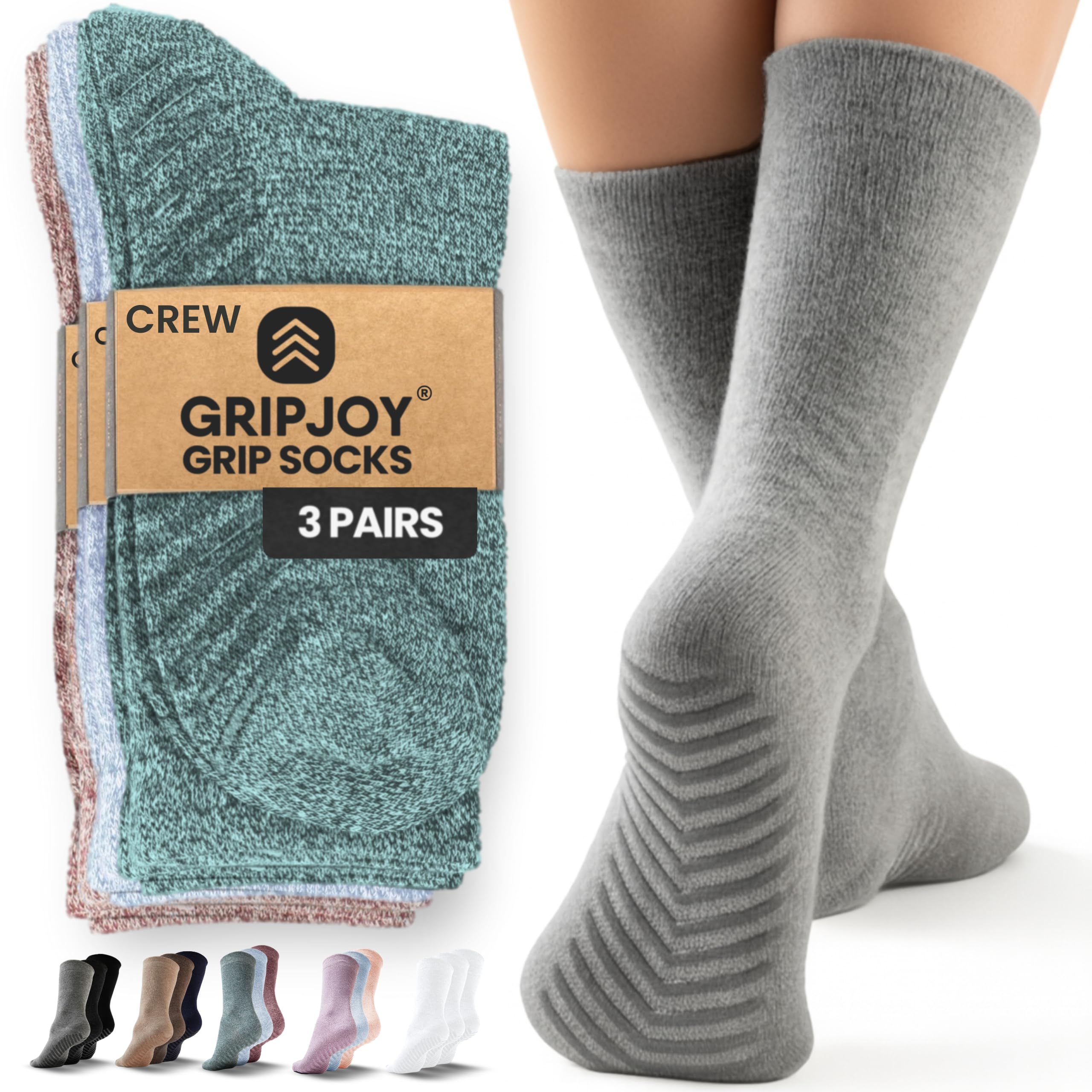 Gripjoy Grip Socks for Women, Grippy, Non Slip, Gripper Socks for Women & Men, Pilates, Yoga, Hospital, 3 Pairs, Crew, Green/Blue/Maroon, L