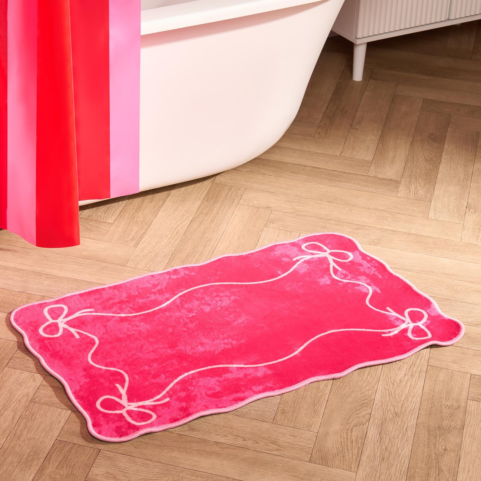 OHS Velvet Bath Mat, Soft Absorbent Non-Slip Cute Bow Bathroom Mat Decorative Comfy Quick Drying Tufted Bath Mats for Bathroom Floor Machine Washable Shower Rug Foot Mats, Hot Pink