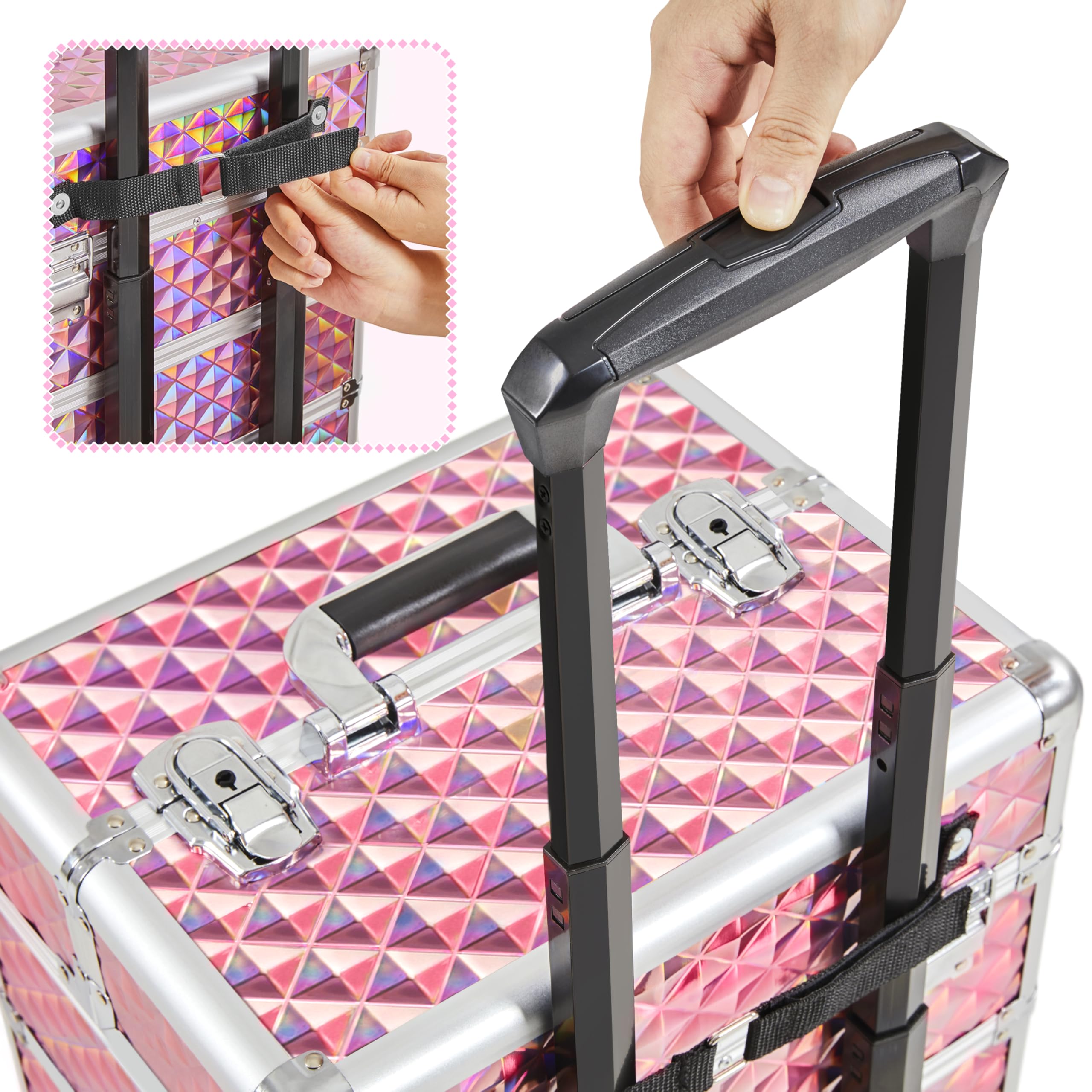 Valigia Porta Trucchi Trolley Make Up 4 in 1 Professionale Beauty Case Estetista Ruote Staccabili Rosa