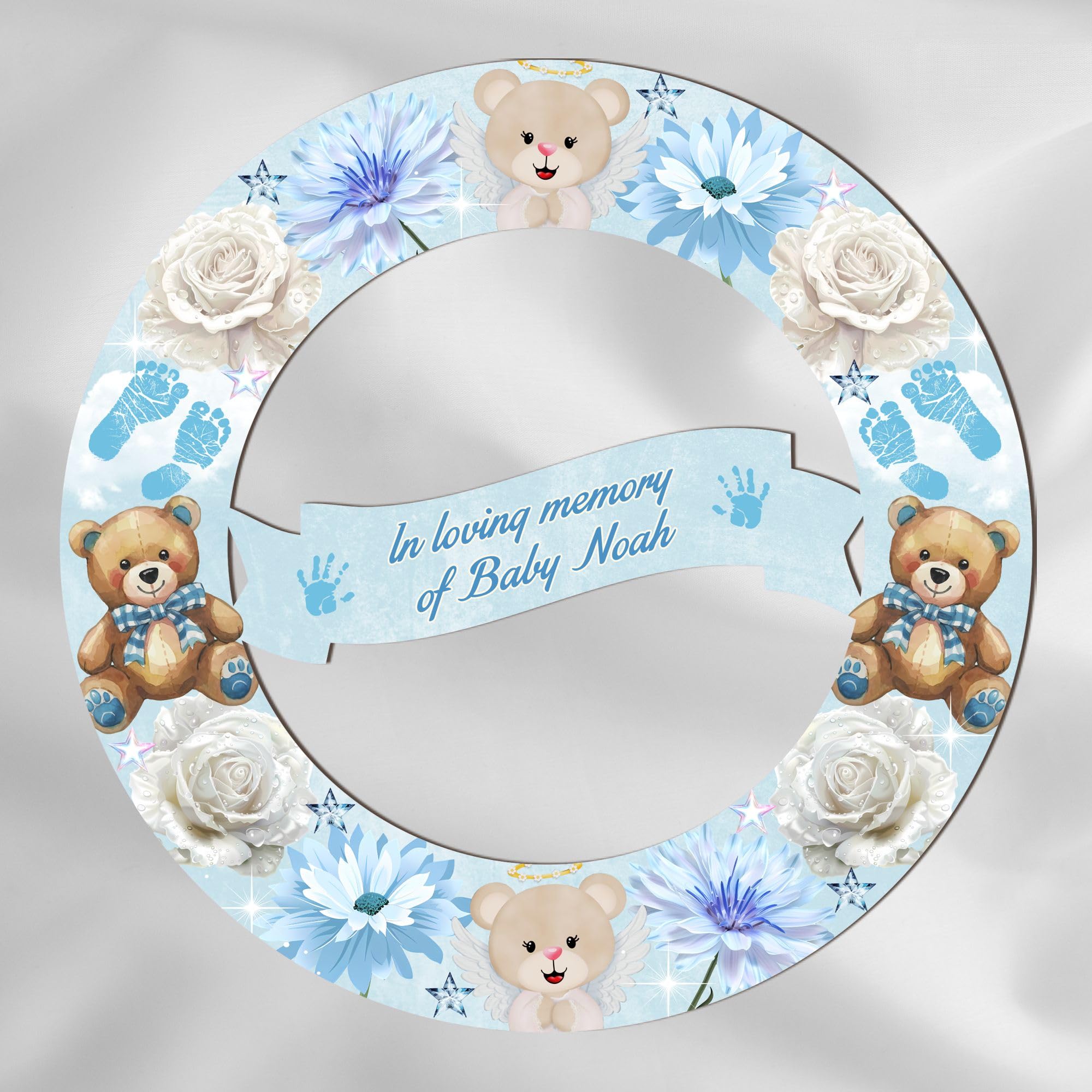 Personalised Angel Baby Memorial Wreath Plaque | Custom Name Keepsake | White & Gold, Pink, Blue | Wood or Acrylic | Thoughtful Bereavement Memory Gift (Blue, MDF Wood - Indoor Use Only)