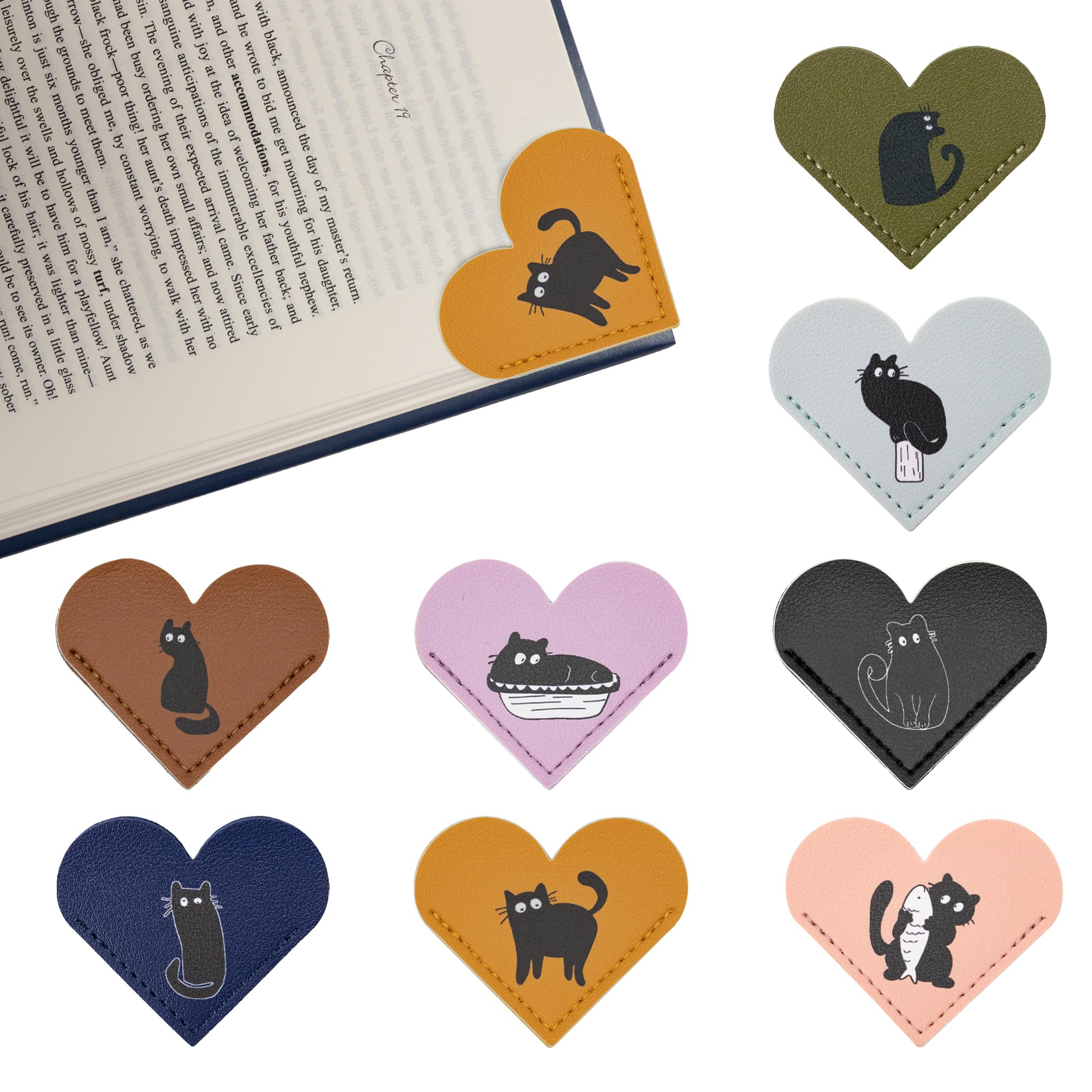 Yuoyar 8Pcs Leather Heart Cat Book Marks for Reading Women - Cute Bookmarks for Book Lovers - Unique Gifts for Women (Cat)