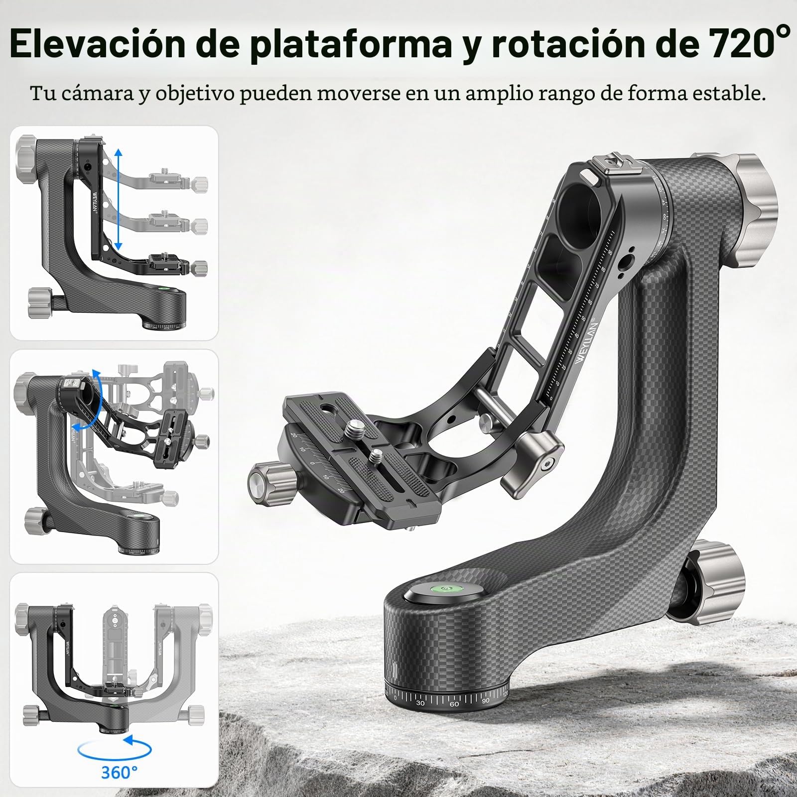 WEYLLAN Cabezal de Trípode de Cardán, Gimbal Head de 360°, Cabezal Trípode Profesional de Fibra Carbono, con Placa de Liberación Rápida Arca-Swiss de 1/4'' y 3/8'', Carga Máxima 20kg para Cámara DSLR