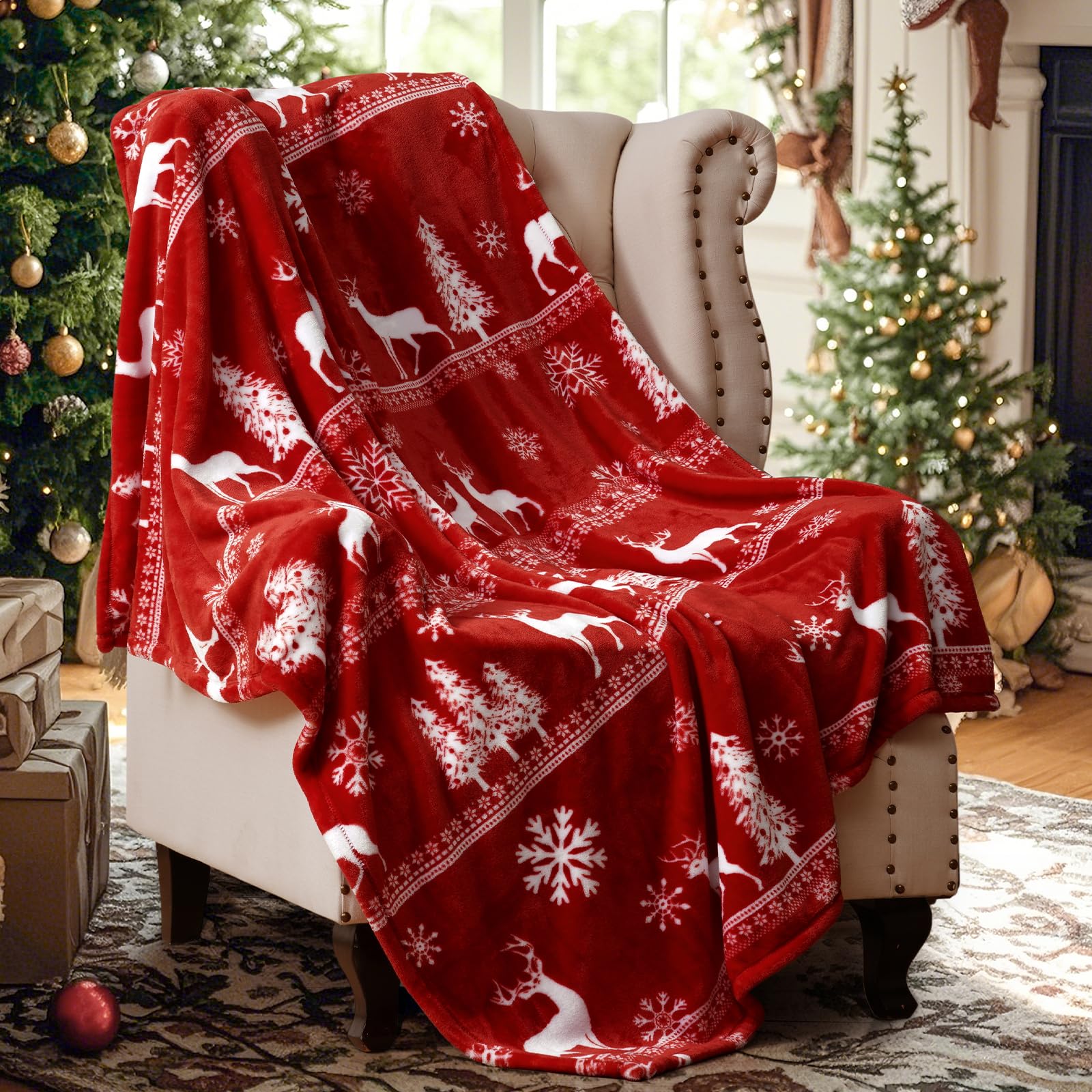 PHF Printed Fleece Blanket Single Size 130x150cm, No Shed No Pilling 280GSM Ultra Soft Plush Cozy Xmas Prints Theme Home Décor Flannel Blanket for Bed, Sofa, Couch and Gift, Reindeer and Trees Red — image 1