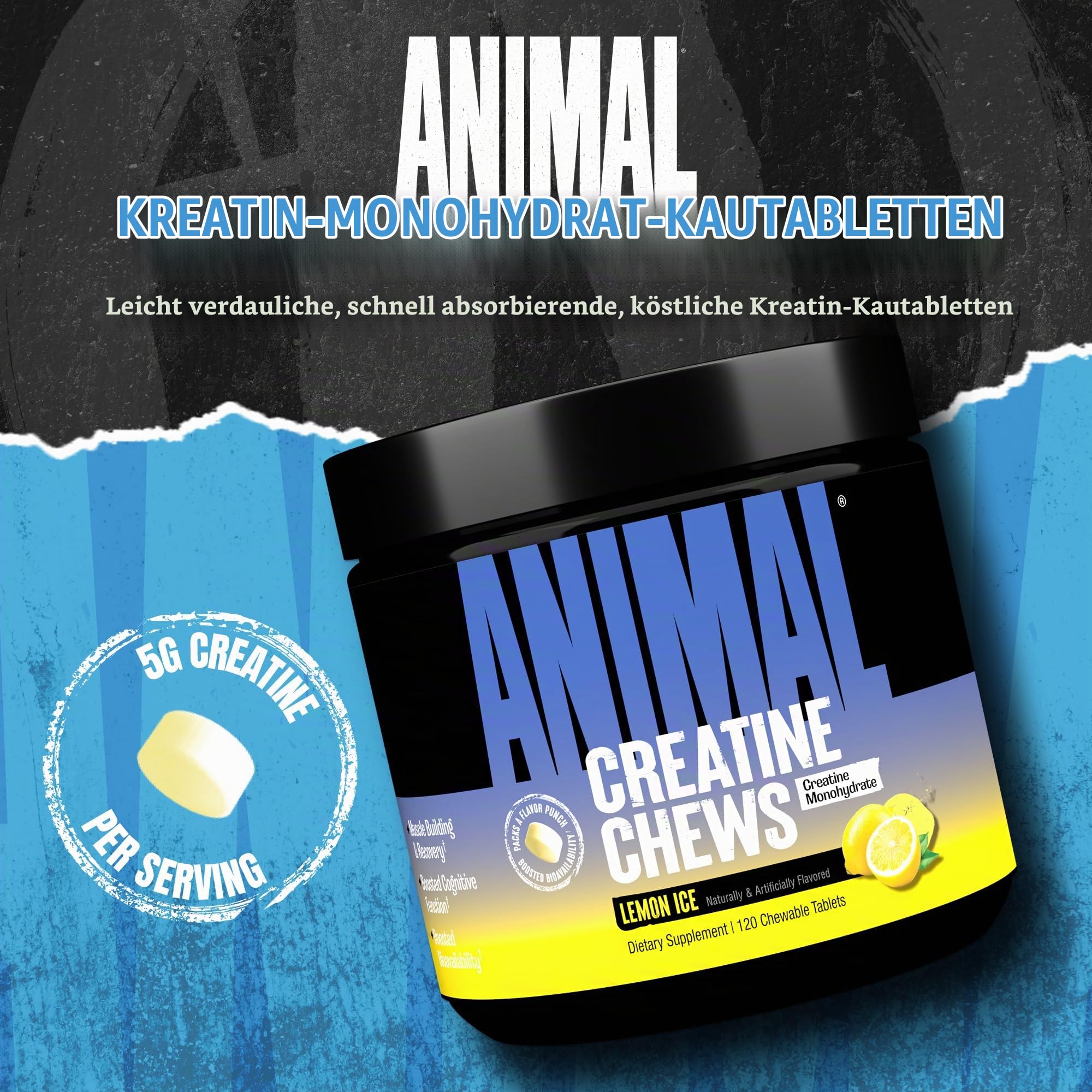 ANIMAL Creatine Performance Chew Tabs Lemon Ice - Kautabletten mit 5 g Kreatin Monohydrat pro Portion & Meersalz für verbesserte Wirkung - 120 Tabletten
