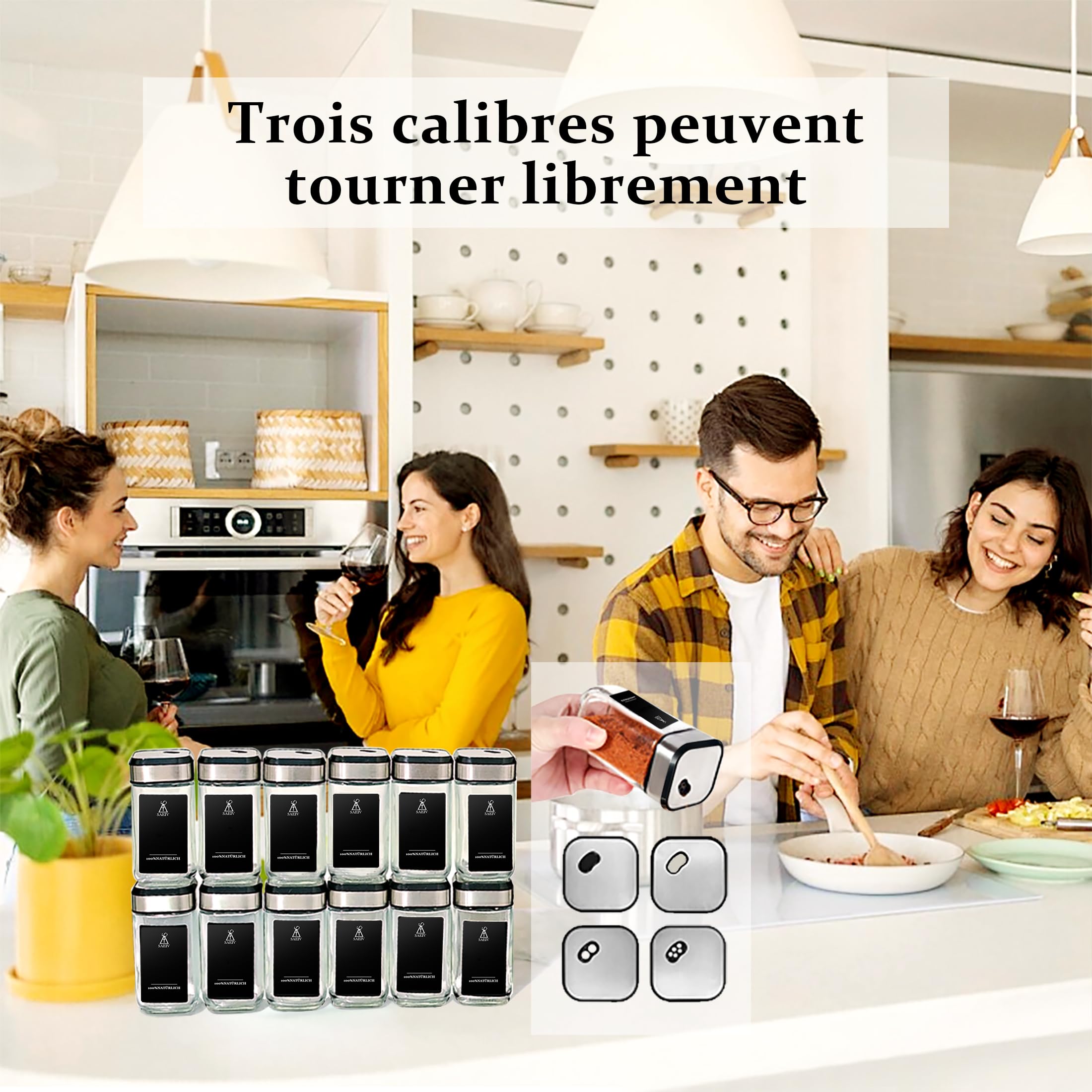 Pot a Epices Set Carré Rotatif,Trois Calibres Réglables 360°, 12 Coffret Epices, 120 ml Pot Epices Verre, Parfait Rangement Epices Cuisine