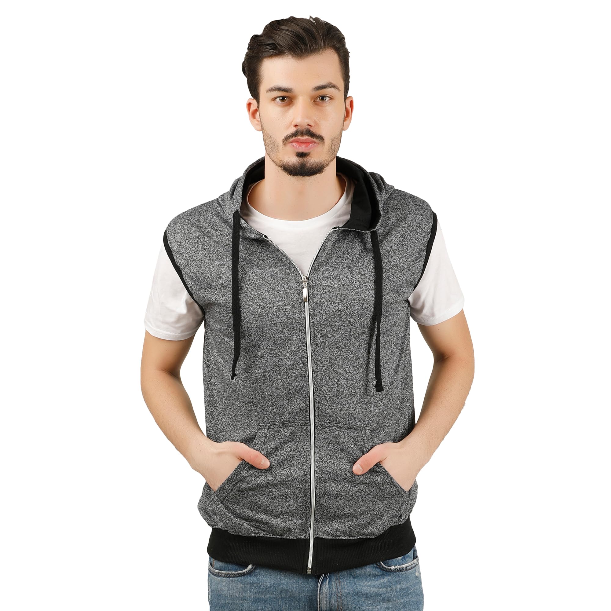 mens sleeveless hooded cotton solid jacket lightweight with zipper