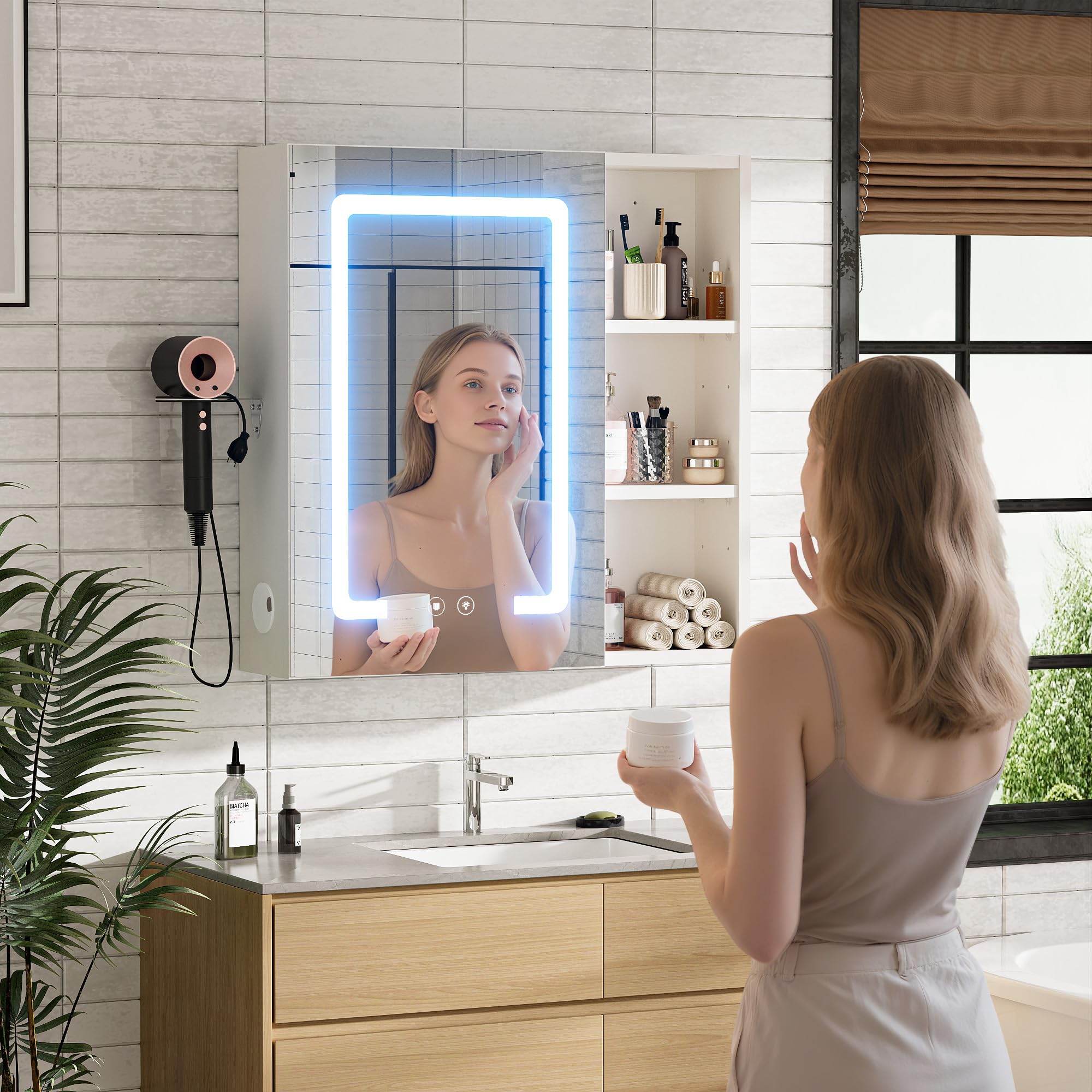 Armario Baño con Espejo LED iluminación y Función de desempañadora Armario Baño Espejo de Pared con 3 Estanteria Ajustables y Soporte para Secador de Pelo 60x60x15 cm Blanco