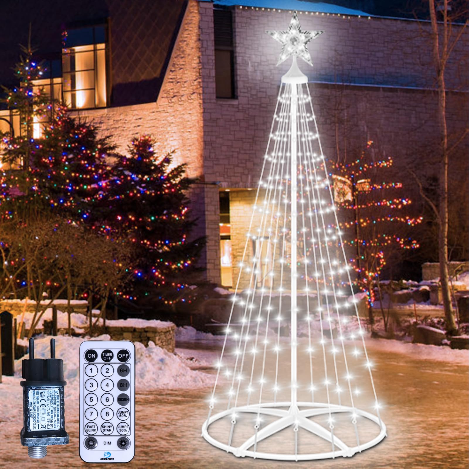 HELESIN Arbre de Noël en Forme de Cône en Métal, 154 LED 12 Modes, Minuterie Guirlande Lumineuse D'extérieur, LED Éclairage de Sapin Décoration de Noël pour Cour, Salon Jardin (Blanc avec Support)