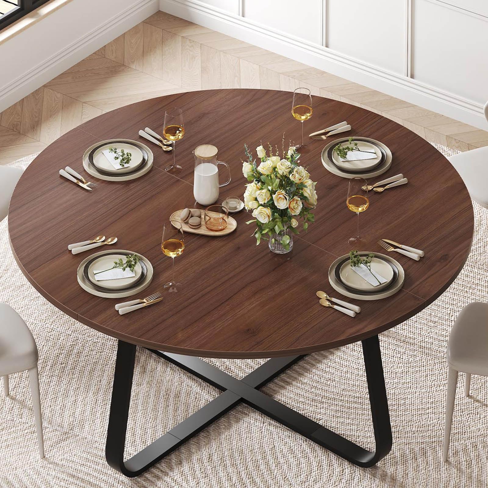 LVB Runder Esstisch Esszimmertisch für 4 bis 6 Personen Küchentisch 130cm Esstische Rund aus Holz Moderne Industrial Design Runder Tisch für Esszimmer Küche Wohnzimmer, Walnuss
