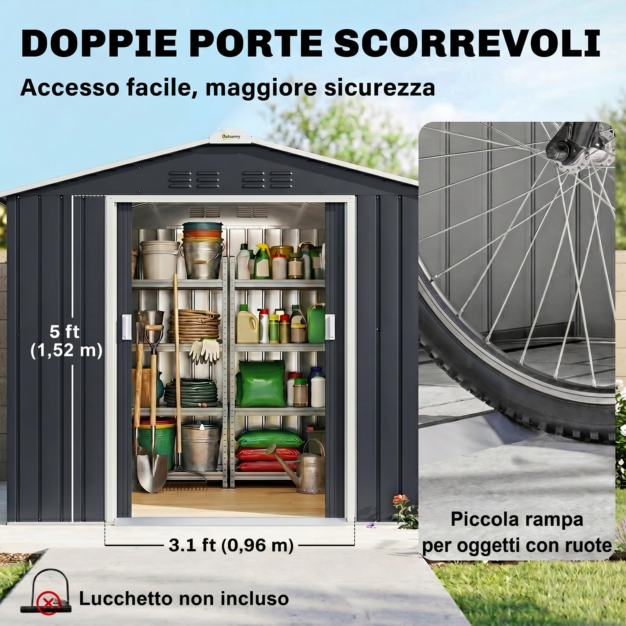 Outsunny Casetta da Giardino 2.42m² in Acciaio Zincato con Prese d'Aria e Kit Fondazione, Capanno da Giardino con Lucernario, Doppia Porta Scorrevole Bloccabile, Tetto Inclinato, Grigio Scuro