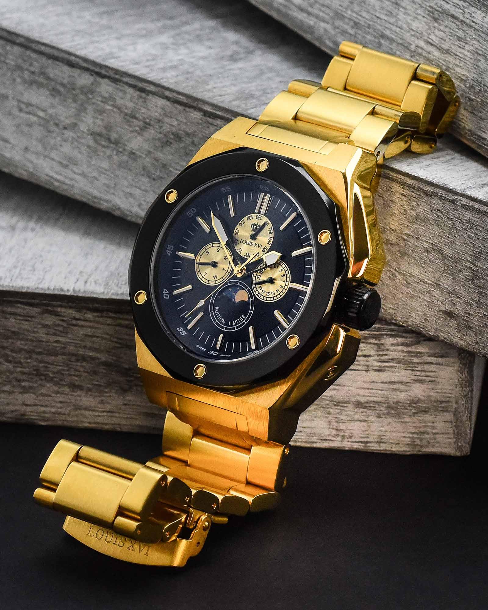 LOUIS XVI Herren-Armbanduhr Le Souverain Stahlband Gold Schwarz Mondphase Analog Quarz Edelstahl 626