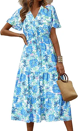 PRETTYGARDEN Summer Floral Dress for Women 2025 Casual Boho Short Sleeve Maxi Dresses V Neck Tiered Flowy Beach Sundress