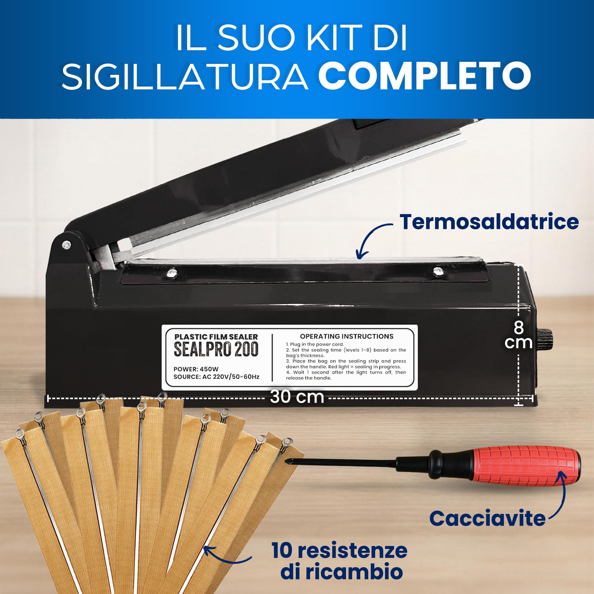 Sigillatrice termica professionale per sacchetti di plastica, alluminio, kraft, 200 mm, con 8 resistenze