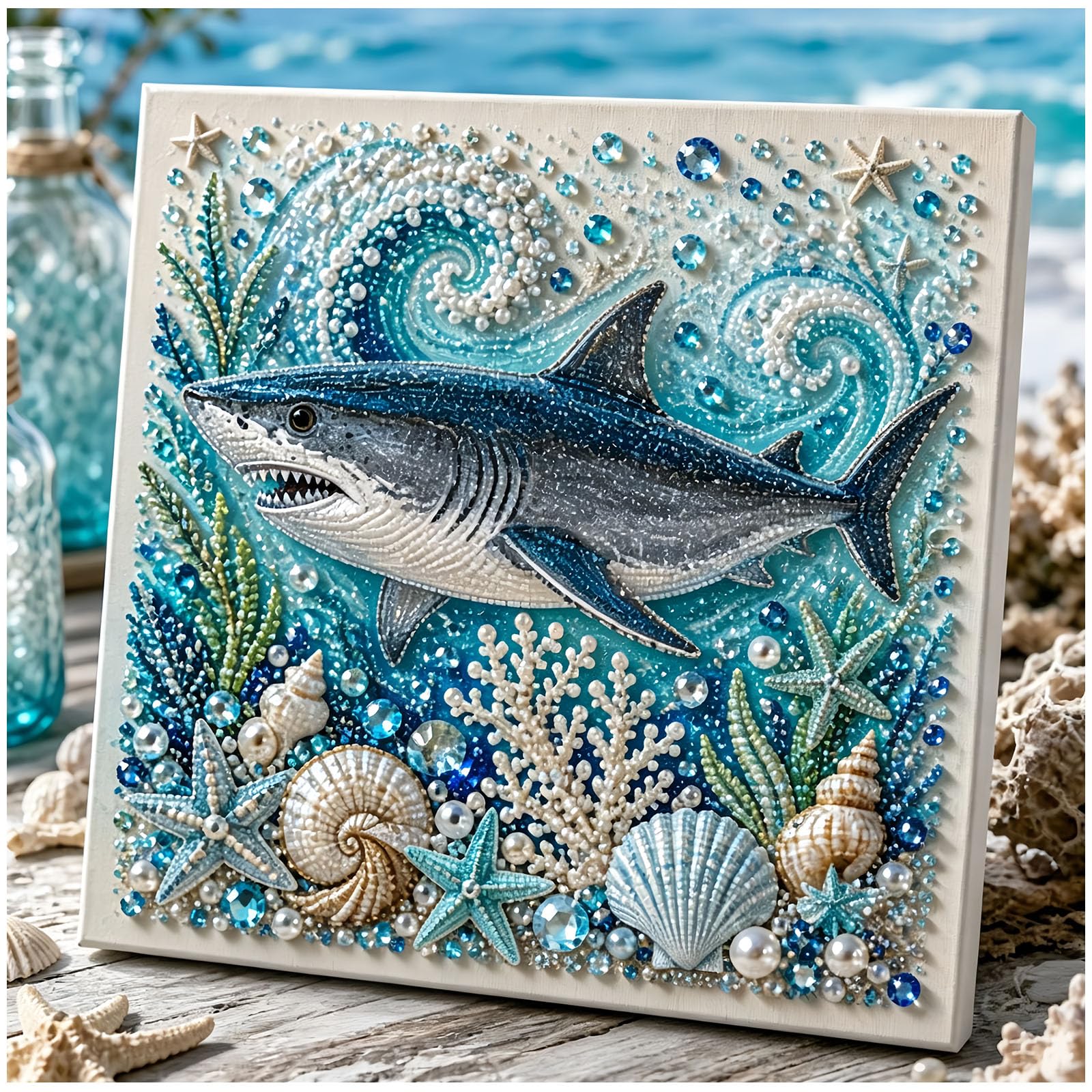 Jeeeun Ocean Theme Pearl Art DIY Kit, 3D Ocean Animal Pearl Art Craft with Pearls & Rhinestones, Sparkling Coastal Wall Decor for Adults & Beginners (Shark)