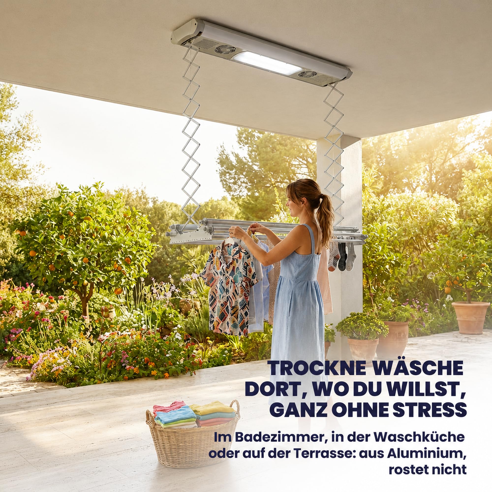 Foxydry Air, elektrischer, Ferngesteuerter, deckenwäschetrockner, 160 cm | platzsparend, aus aluminium, motorisiert, ausziehbar, geeignet für bettwäsche, trägt 35 kg, grau
