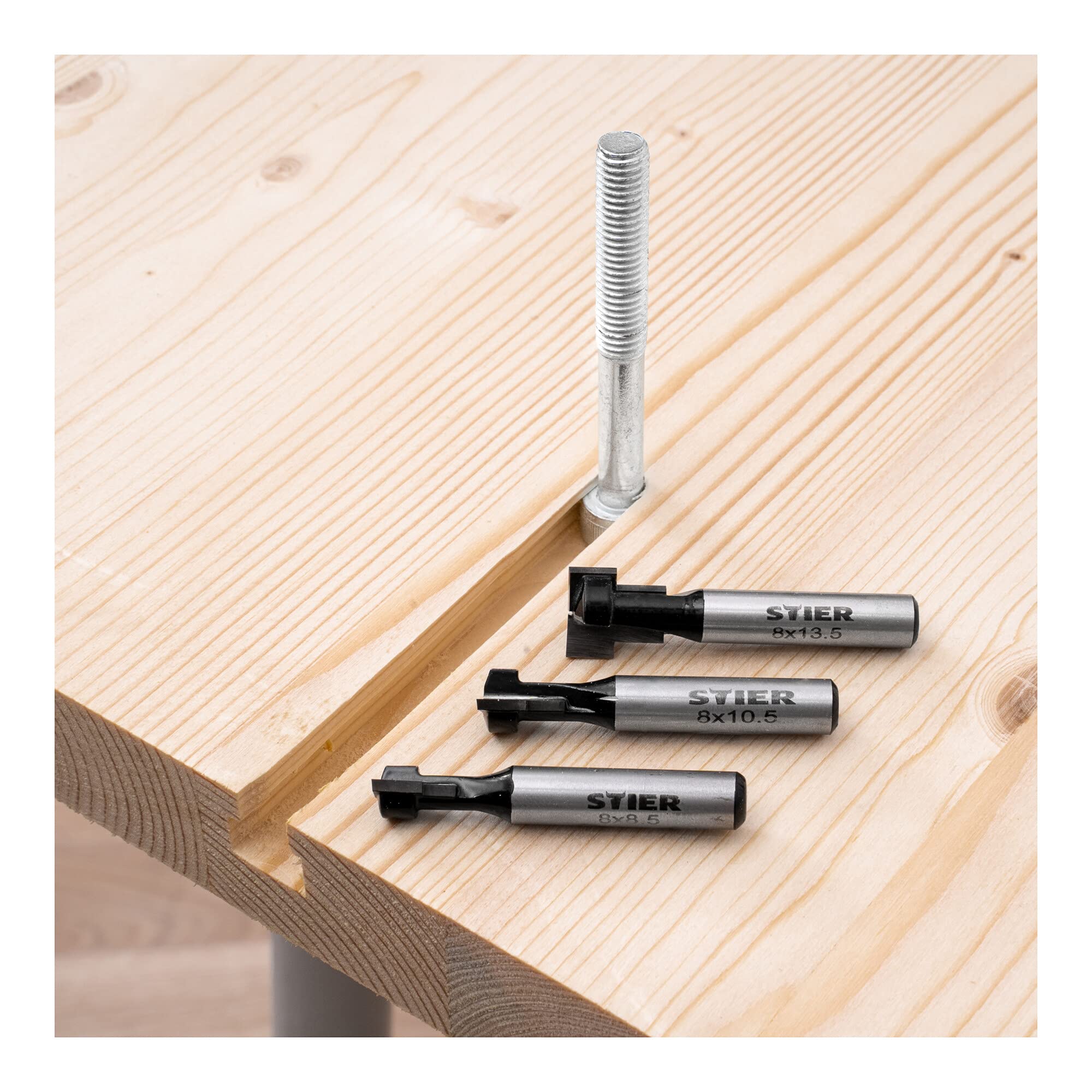STIER Set di frese per scanalature a T, 3 pezzi M5 M6 e M8, gambo 8 mm, per fresatrici, frese per scanalature a T, fresa scanalatura T