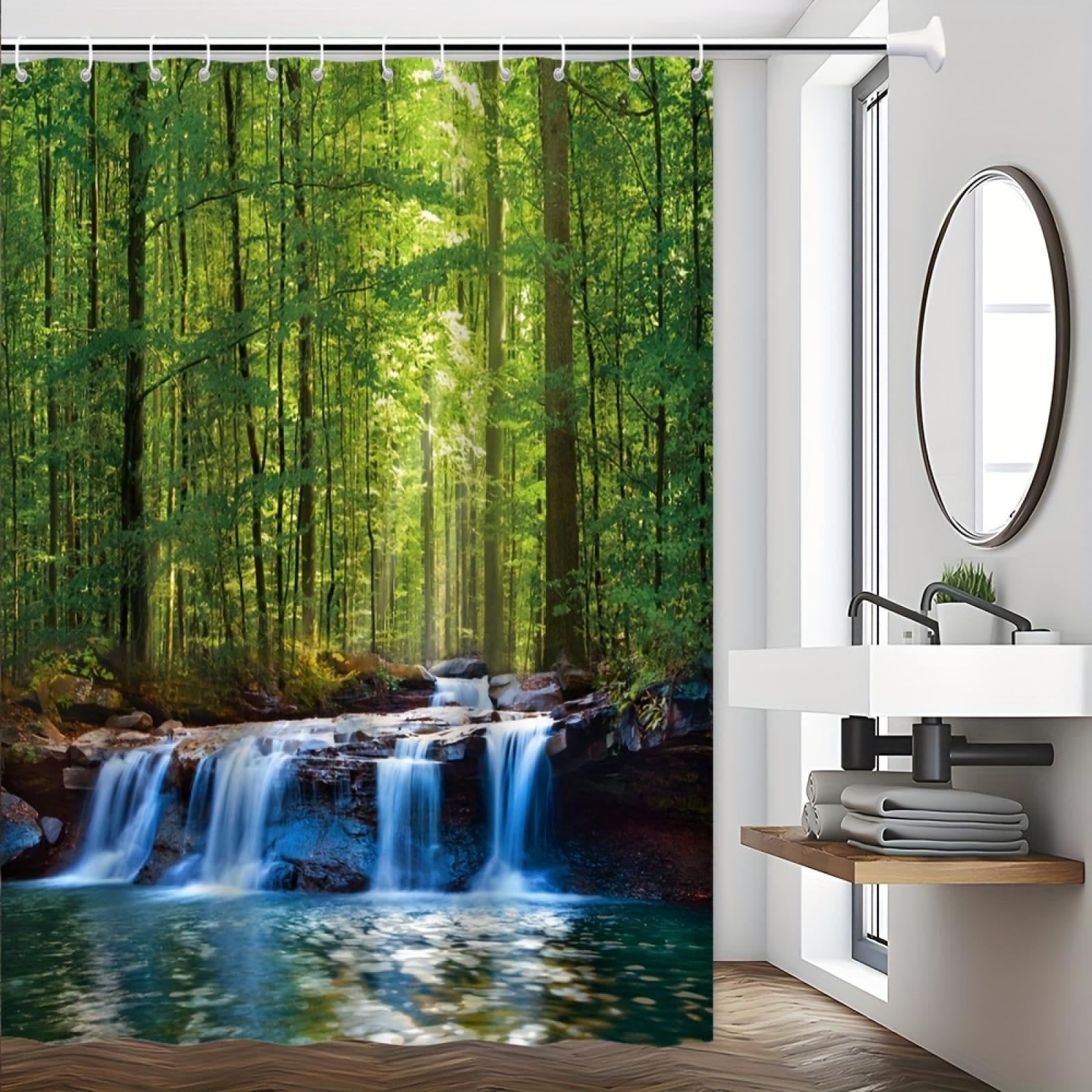 JGGXHM 1pc Serene Forest Waterfall Shower Curtain – Lush Green Trees Sunlight Filtering Through Shower Curtain Sets for Bathrooms 51x55in-130x140cm/WxH