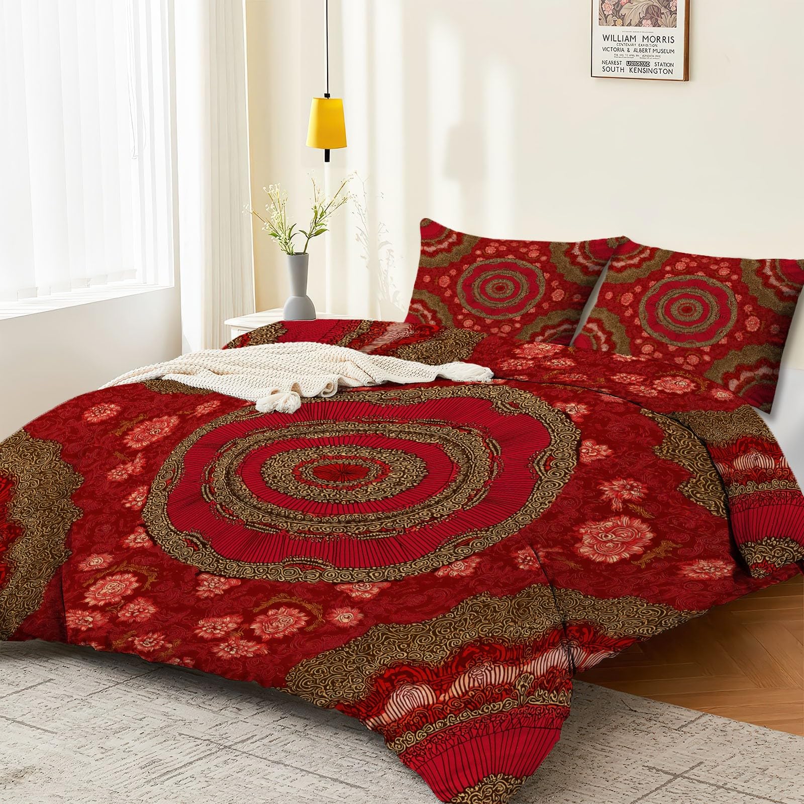 Biancheria da letto per bambini in stile bohémien, motivo mandala, in microfibra morbida e traspirante, 155 x 220 cm, con chiusura lampo e 2 federe da 80 x 80 cm, colore: rosso
