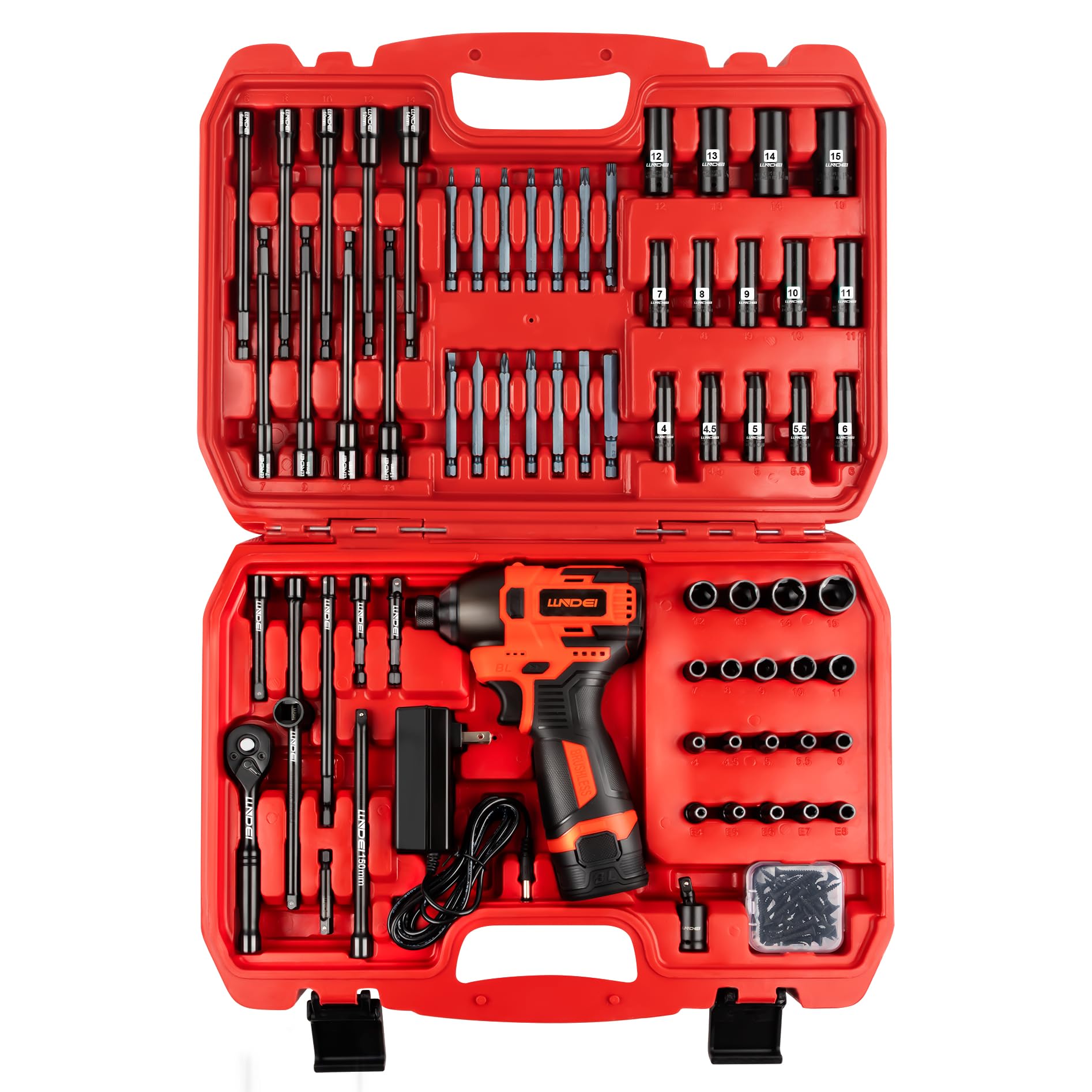 LLNDEI 1/4 Drive Socket Set 16V Brushless Impact Driver Kit, 108 PCS 6 point Metric Magnetic Nut Driver Set, including 1.5Ah Battery, Charger and a