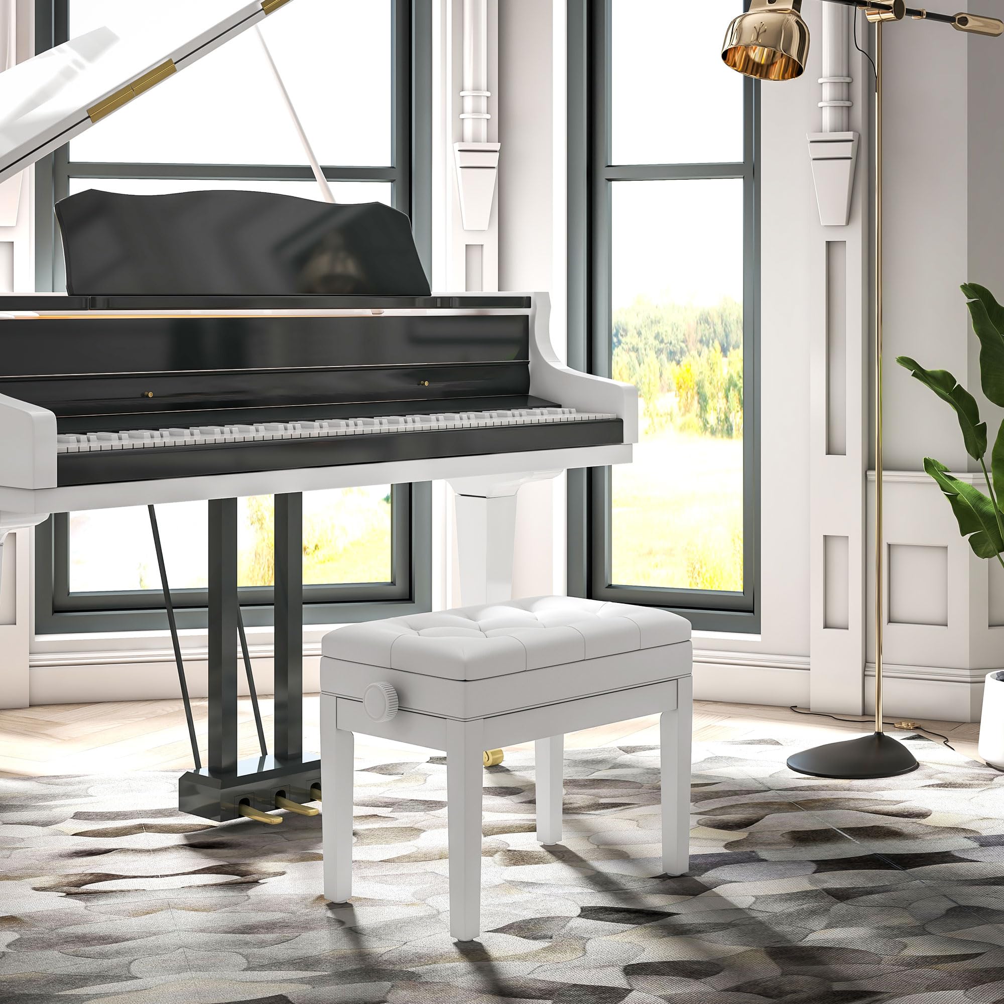 HOMCOM Panca per pianoforte, panca per tastiera regolabile in altezza in legno massiccio, sgabello per pianoforte con vano portaoggetti, sedile imbottito in poliuretano con 10 tasti, stabile e