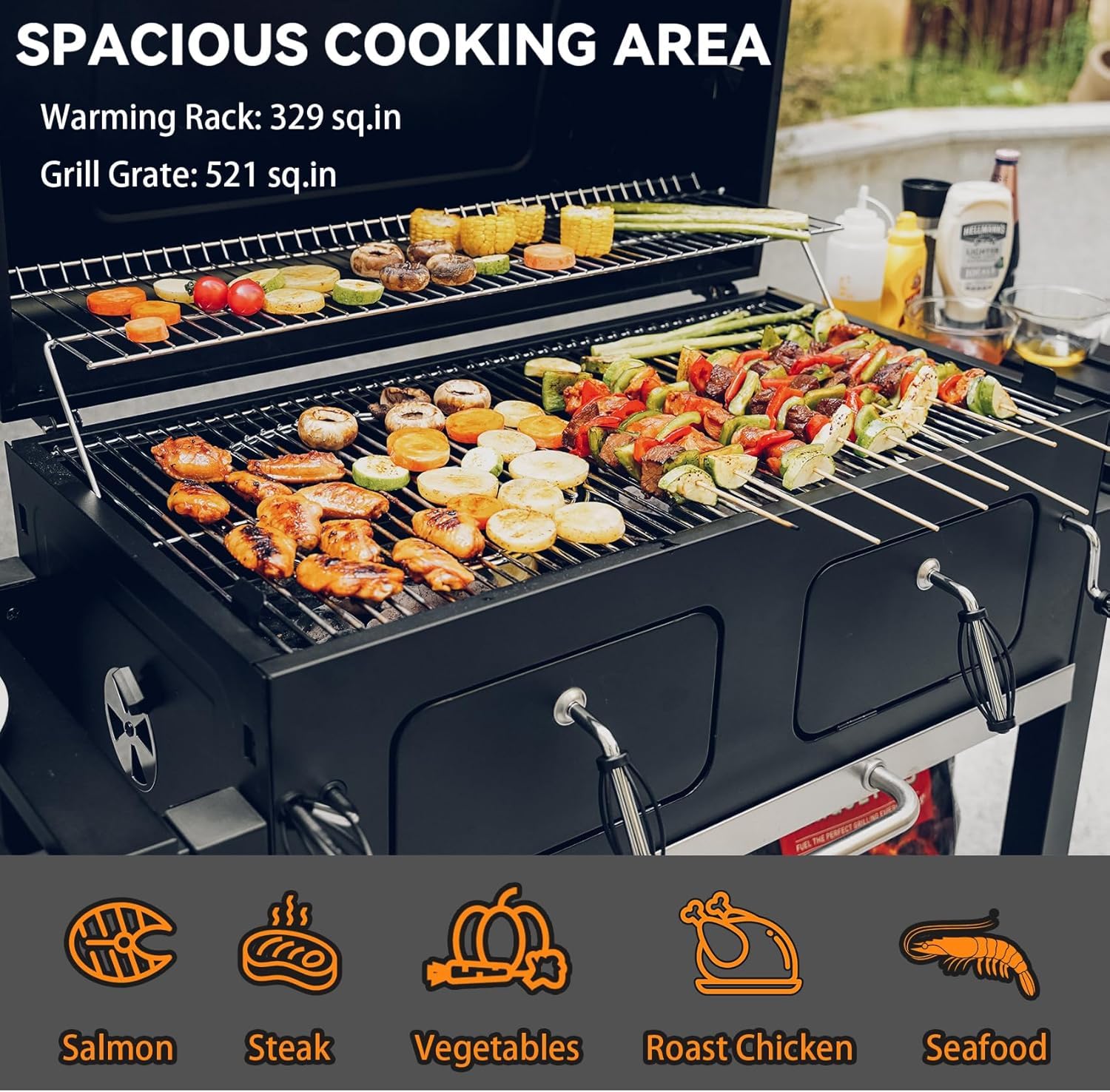 Onlyfire BBQ grill na węgiel drzewny, duży grill na węgiel drzewny z pokrywką, kółkami, ruszt do grillowania ze stali nierdzewnej, płyty osłonowe, regulowana szuflada na węgiel drzewny, wózek na