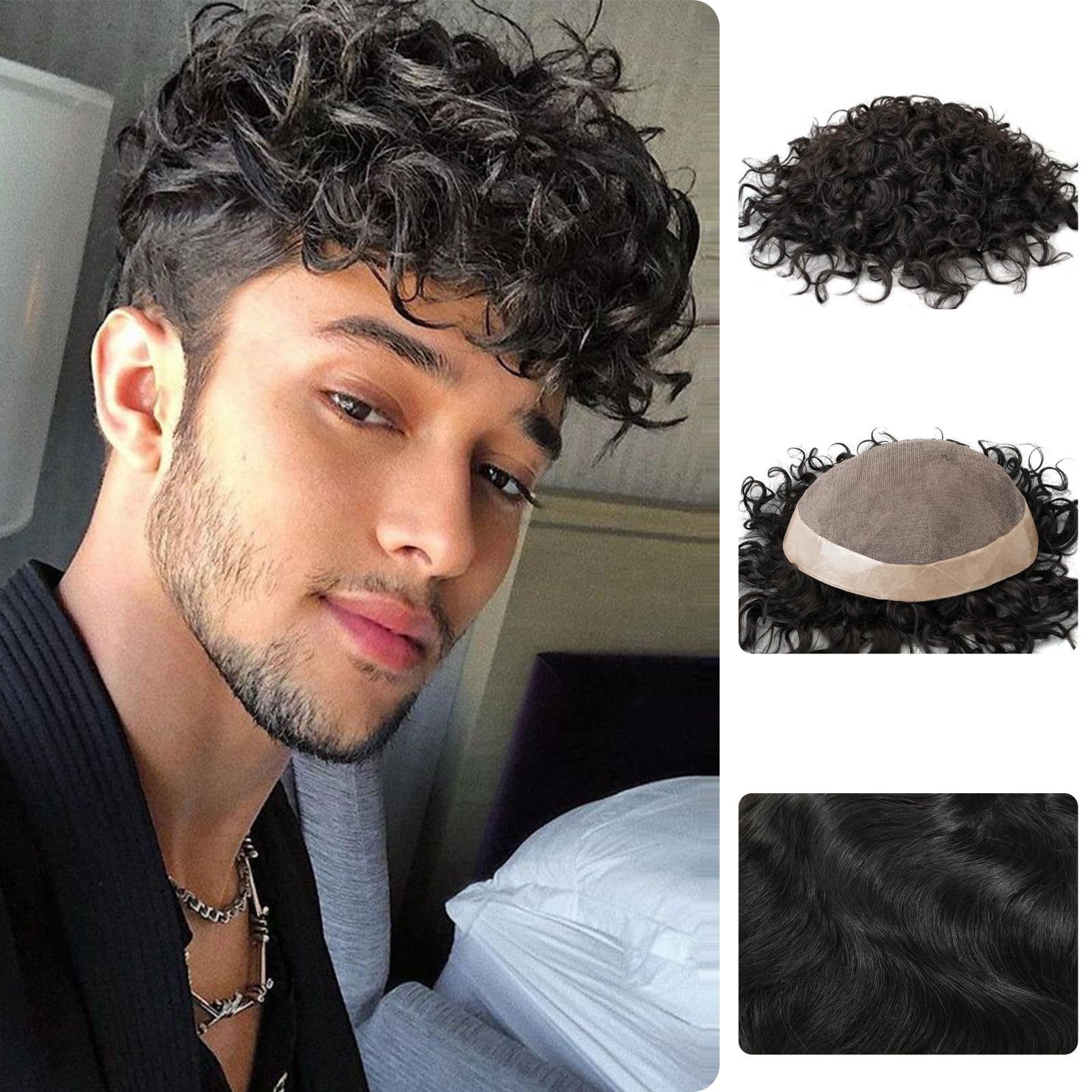 Zakya Hair System for Men - Curly Real Human Hair Replacement Toupee, 20mm Curl, 8 x 10 Inches