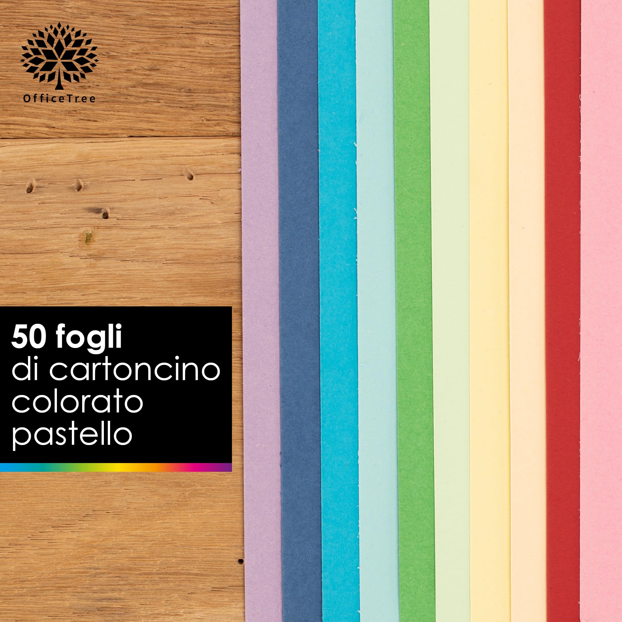 OfficeTree 50 arkuszy papieru pastelowego A4 300g, 10 kolorów, karton fotograficzny do DIY