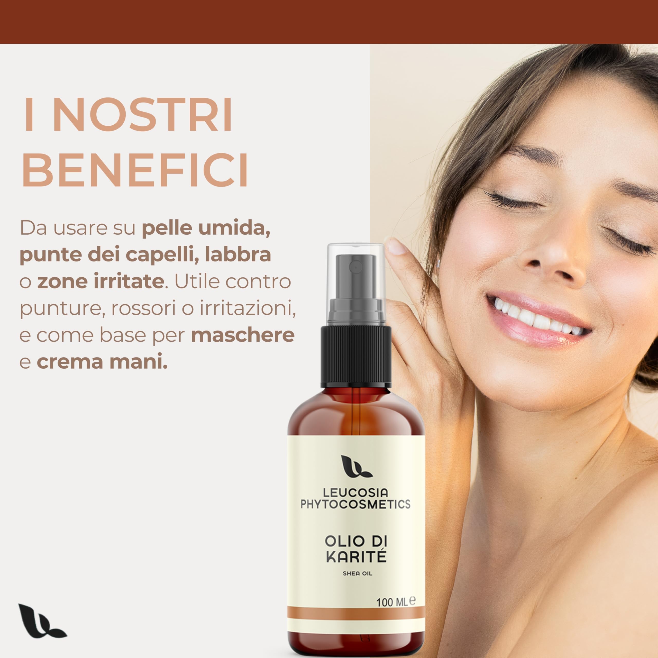 Leucosia Burro di Karitè Puro Liquido 100 ml, Comodo Flacone Spray, Idratante Naturale per Viso, Corpo, Capelli, Pelle Secca, Rughe e Smagliature