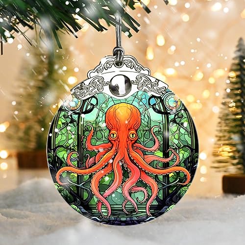 Miniatura 5 de Adorno de Navidad de vidrieras, decoración de Navidad de pulpo de Jocidea y árbol de Navidad, regalos para amantes del pulpo, decoración navideña e