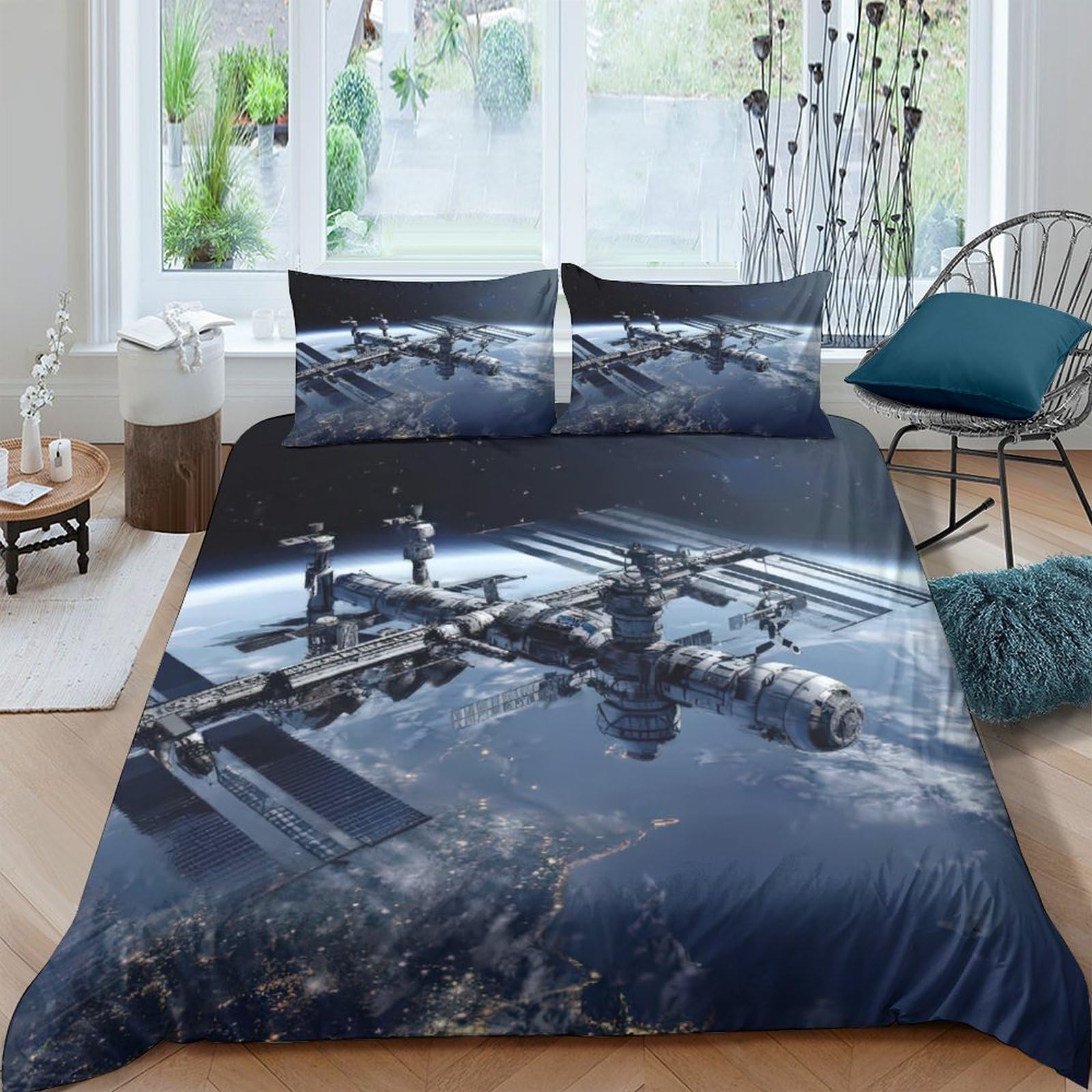 Ctjqhvkz Style-4 3D Printed Space Station Fitted Sheet Microfiber Soft Breathable Earth View Mattress Cover For Bedroom Dorm Decor Single（135X200cm）