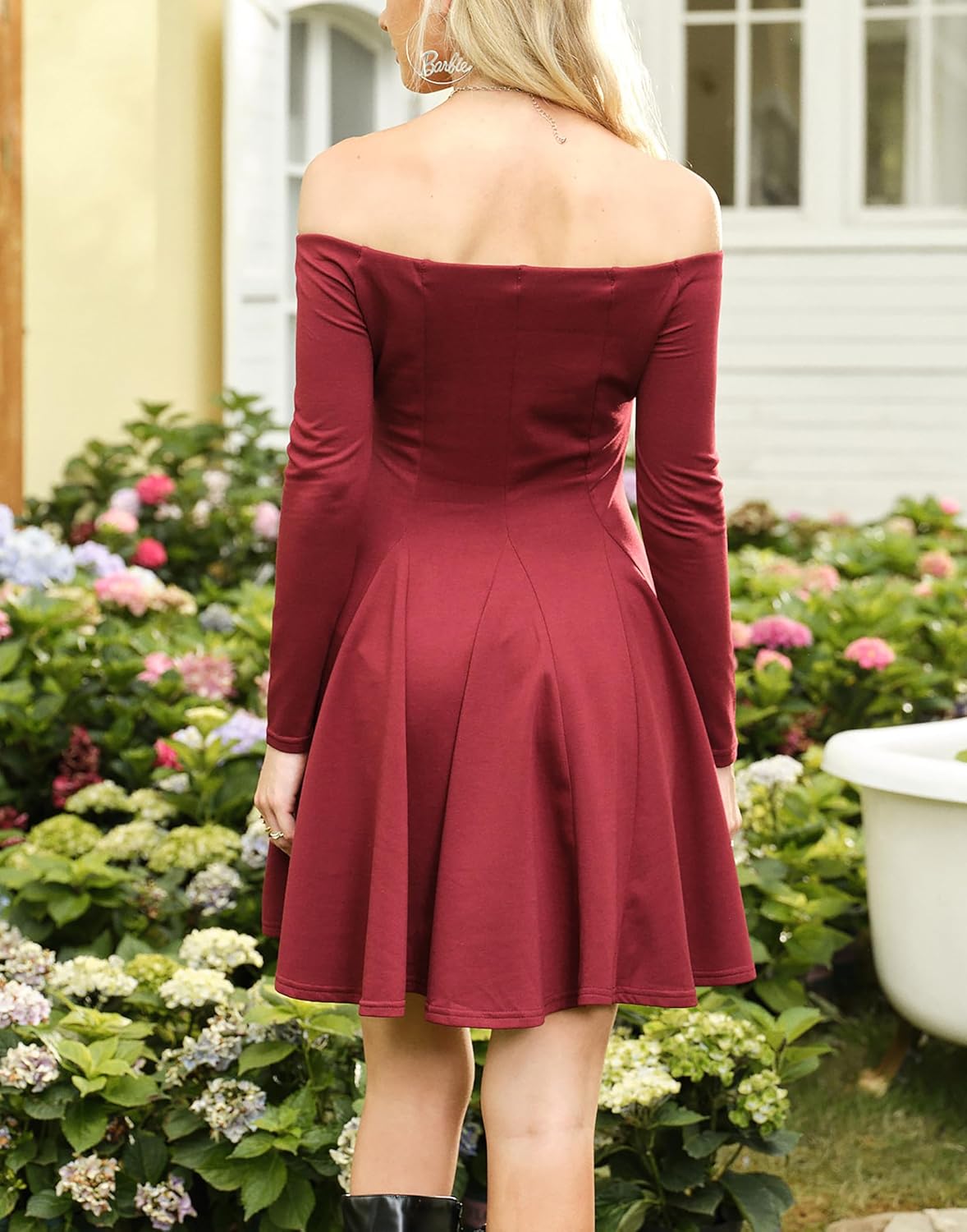 HYPERFIRE Women's Off The Shoulder Long Sleeve Short Dress A Line Pleated Mini Party Dresses - Image 2