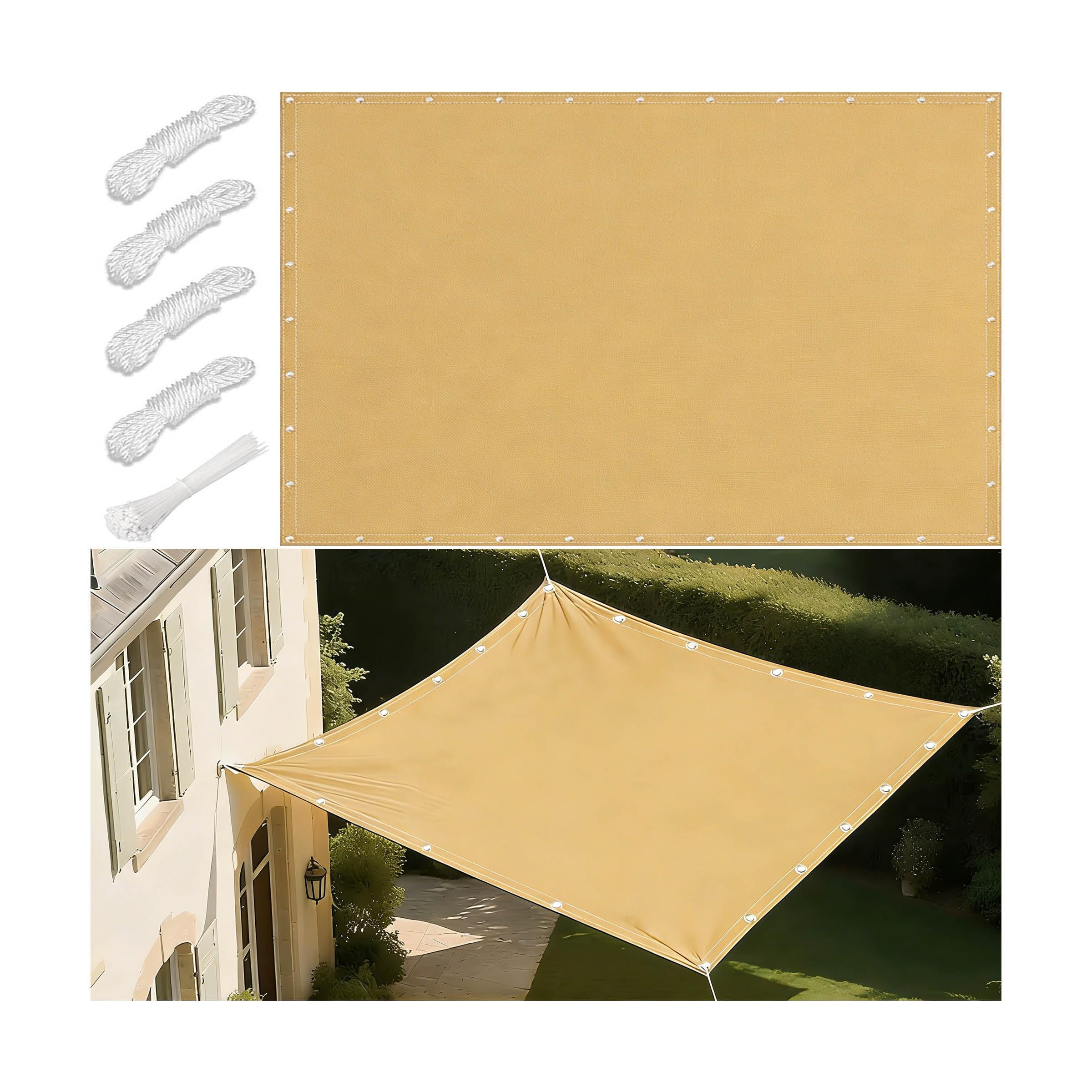 Toldo Vela de Sombra Impermeable Rectangular Toldos Exterior Terraza Protección Rayos UV Resistente al Desgarro para Terraza Balcon Exteriores Jardín con Ojales Cuerda Fijación 2.6x4M Arena