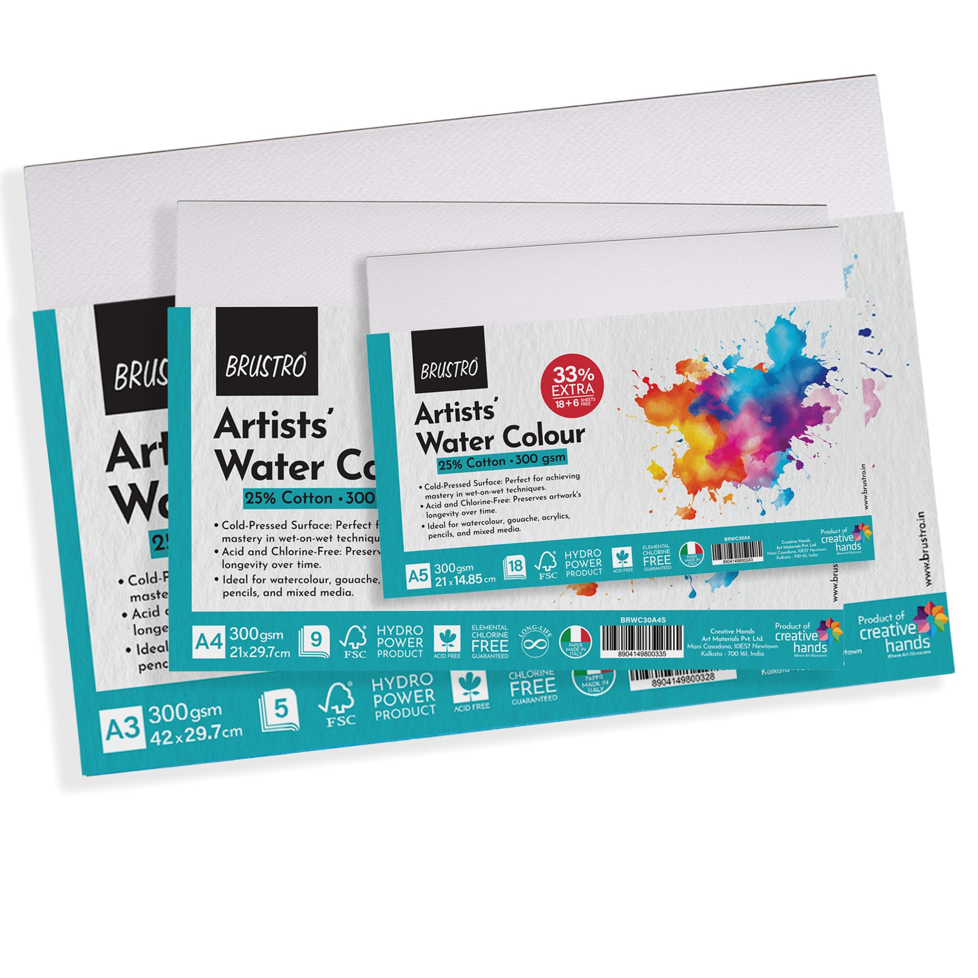 BRUSTRO Artists 25% Cotton Watercolour Paper, 300 GSM, Cold Pressed, A4 (Pack of 12), A3 (Pack of 6) & A5 (Pack of 24) | Ideal for Watercolor,Acrylic,Gouache,Charcoal,Graphite,Ink & Other Mixed Media - Image 3 thumbnail