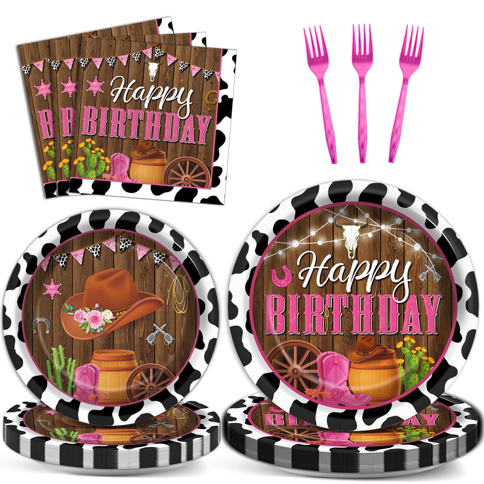 96 Pcs Cowgirl Decorations Party Supplies Western Theme Paper Plates Cow Print Party Plates Western Disposable Plates and Napkins Girl Rodeo Pink Birthday Wild West Tableware Decor for Kids Serves 24