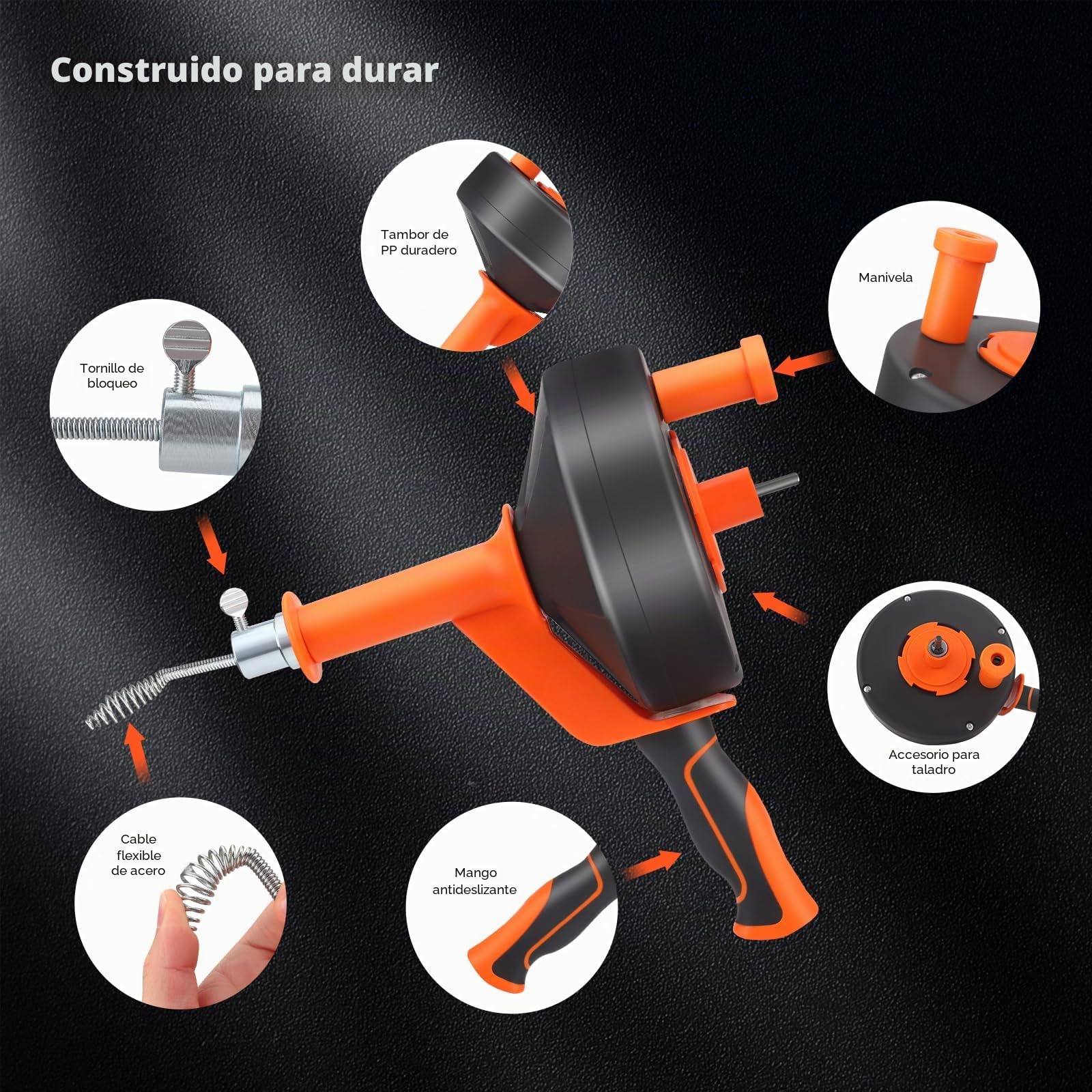 Desatascador Tuberias Profesional,10M Flexible Espiral Desatascar Tuberias para Fregaderos de Cocina, Baños y Duchas. Lncluye Guantes,Bolsa,Cepillo