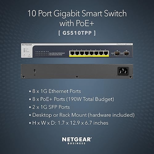 Miniatura 2 de NETGEAR Switch Inteligente Gigabit Ethernet PoE de 10 puertos (GS510TPP) - Gestionado, con 8 x PoE+  190W, 2 x 1G SFP, para escritorio o montaje en