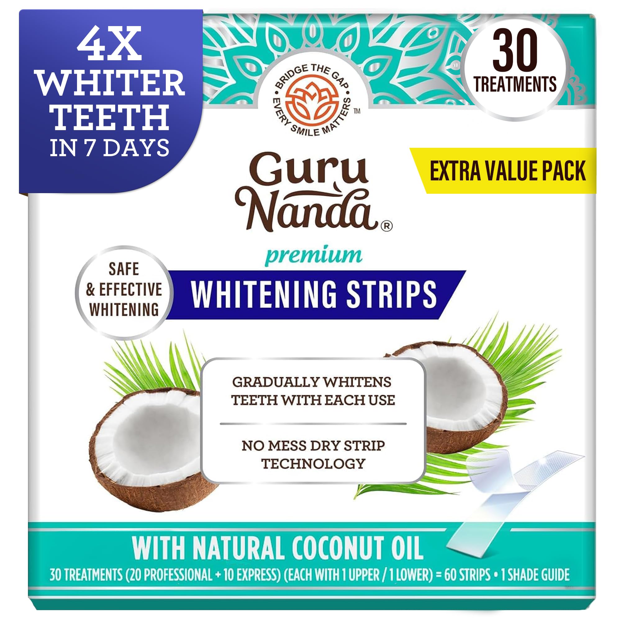 GuruNanda Teeth Whitening Strips - 4X Whiter Teeth, 30-Day Whitening Kit