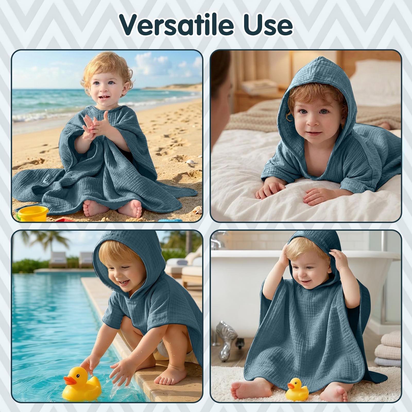 Asciugamano per Bambini, Poncho da Bagno per Neonato Bambino con Cappuccio in 100% Cotone Mussole, Teli Mare Ultra Morbido e Assorbente Accappatoio e Asciugamano Poncho Ragazze Ragazzi 0-6 Anni