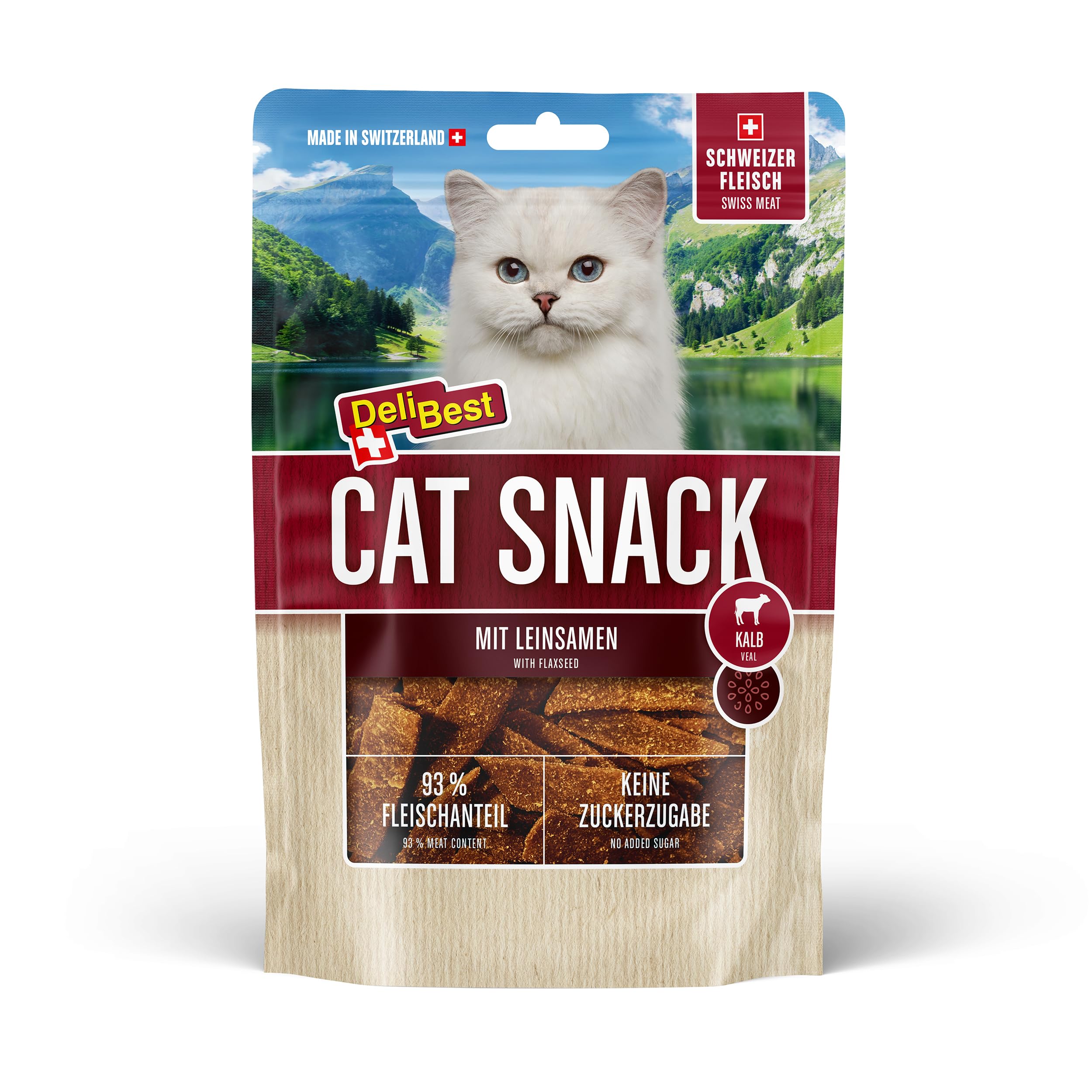 DeliBest Cat Snack aus 100% Schweizer Kalbfleisch I Katzen Leckerlies getreidefrei I halbfeuchte Leckerlies leicht verdaulich I Katzen Snack für Fellglanz I Allergiker geeignet 45g