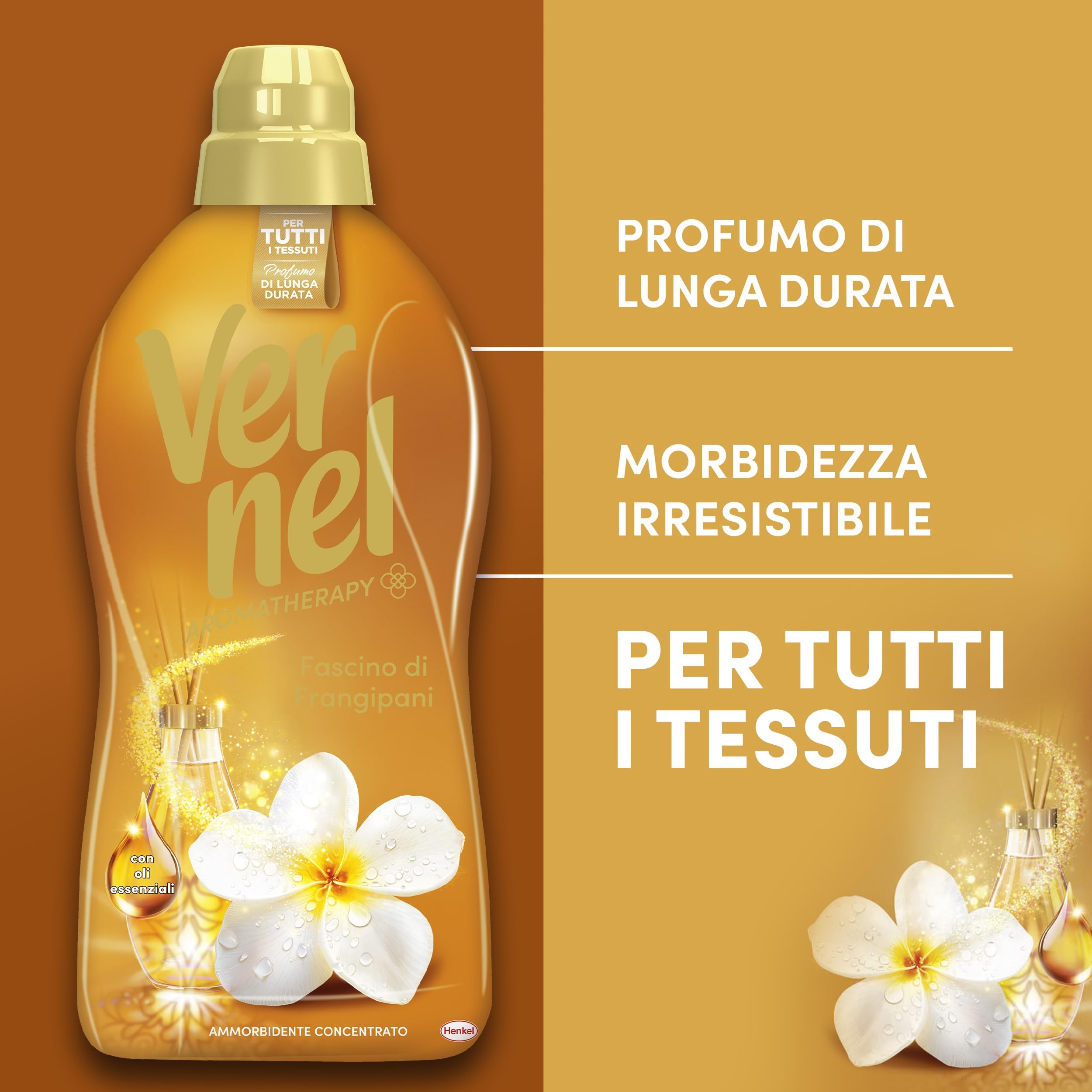 Ammorbidente Concentrato Vernel Aromatherapy Fascino di Frangipani (10 x 48 lavaggi), Ammorbidente Concentrato per Tutti i Tessuti, Profumo di Lunga Durata con Oli Essenziali