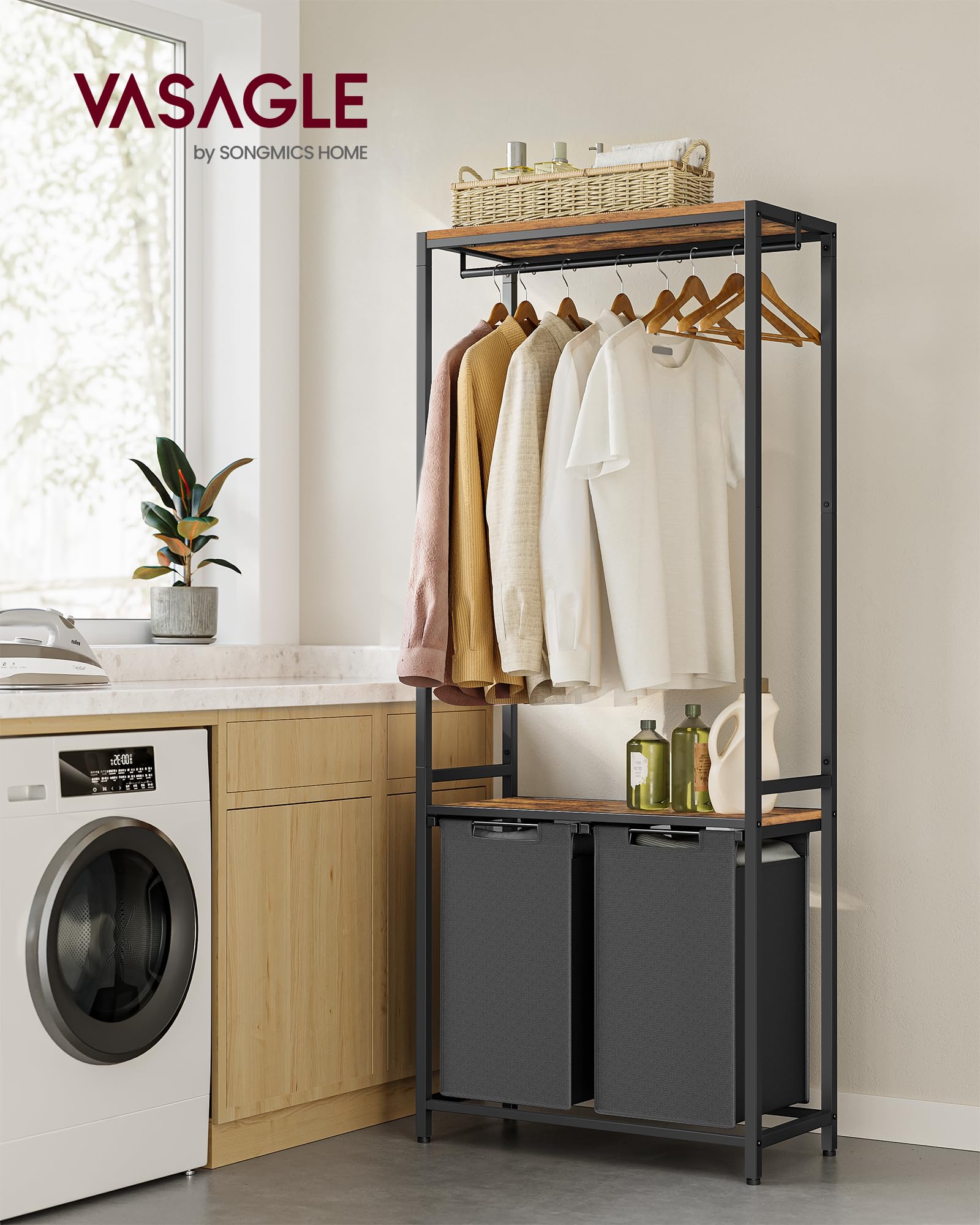 VASAGLE Panier à Linge Double Avec Étagères & Barre - 92L - Marron/Noir - Rangement Malin