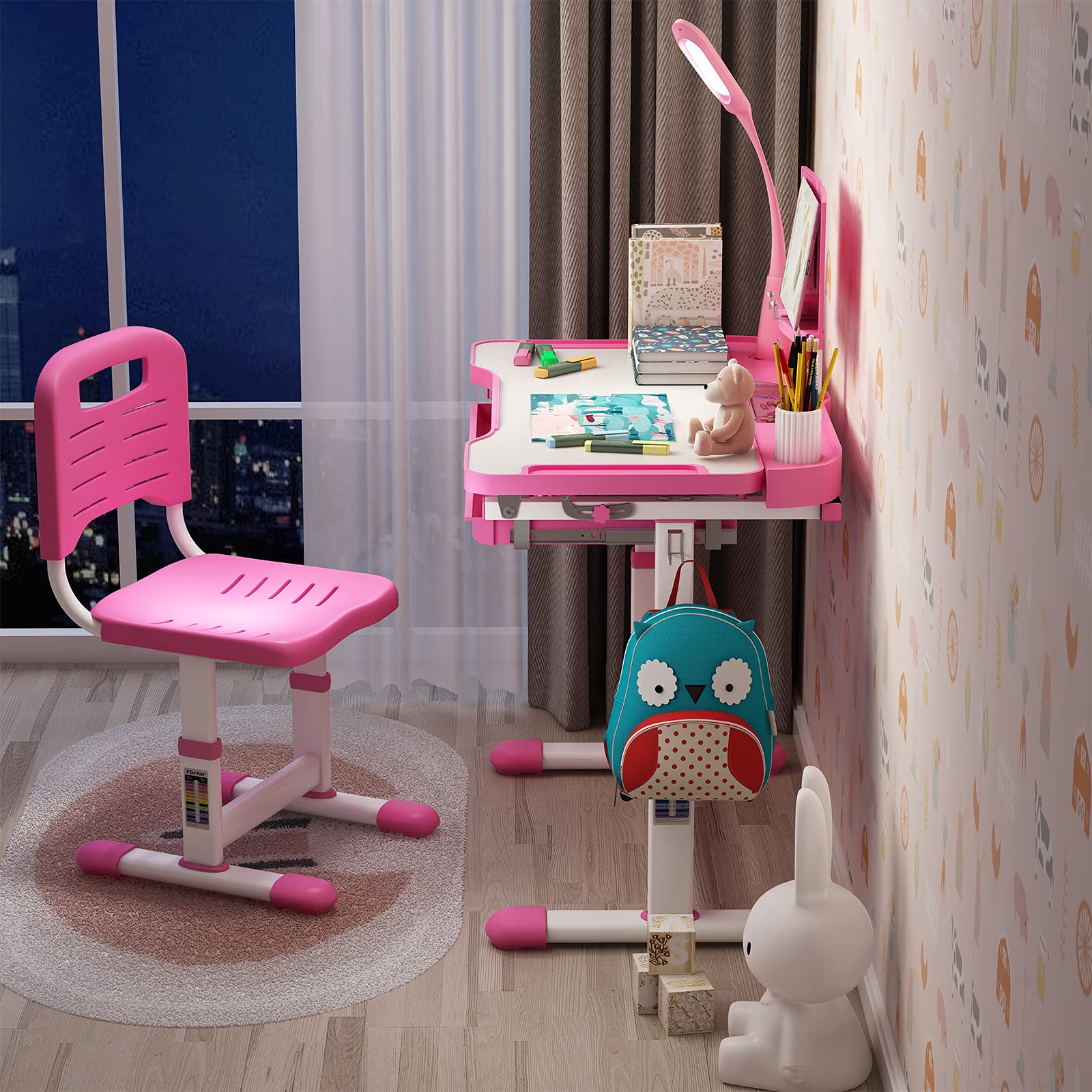 Forfar Kids Study Desk with LED Light Kids Desk and Chair Set Height Adjustable Children Desk