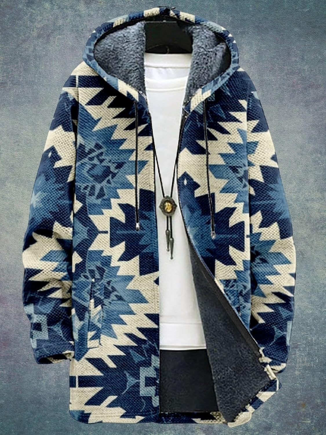 2025 Men's Ethnic Pattern Hooded Jacket Long Cardigan Hoodies Full Zip Vintage Knitted Zipper Coat with Pocket - Image 5