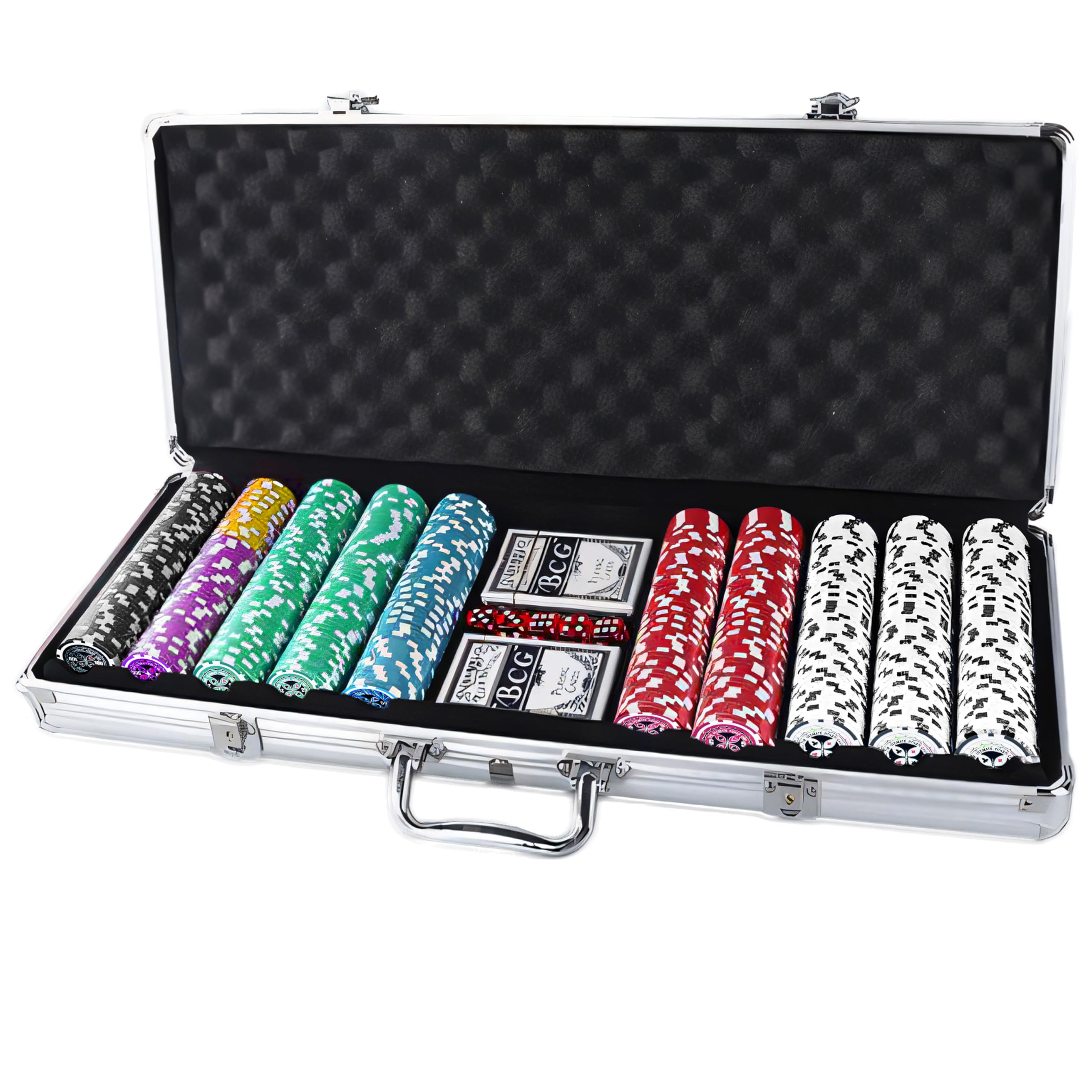Retoo Juego de Póquer 500 Fichas Cartas y Alfombrilla con Maletín para Texas Holdem Blackjack, 2 Barajas 5 Dados, 3 Botones, 1 Tapete Maletín de Aluminio con Cerradura para Profesionales y Aficionados
