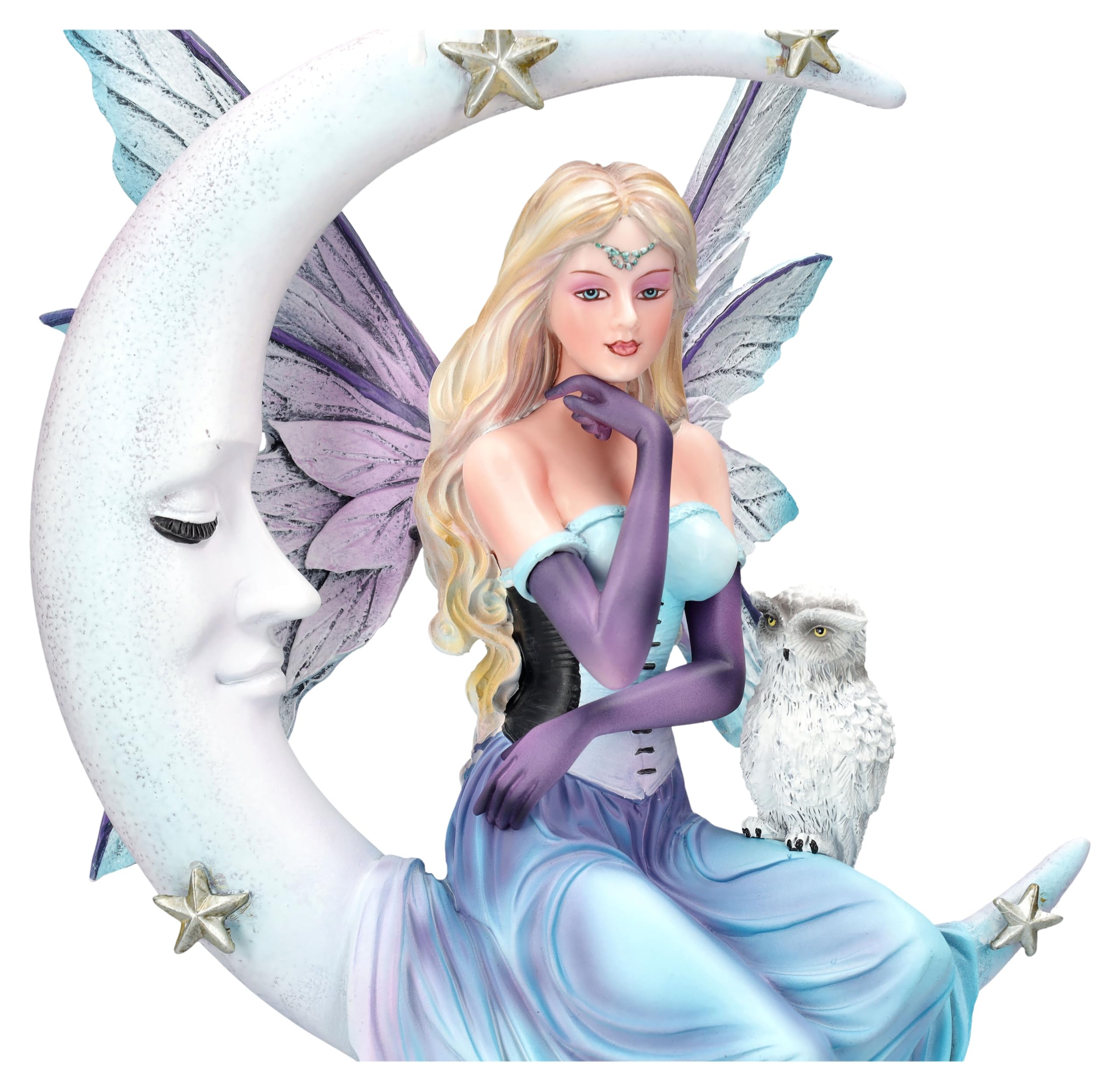 Figuren Shop GmbH Elfen Figur Wächterin der Träume auf Mond 34 cm - Eule Wolken Sterne Fee Deko Fantasy