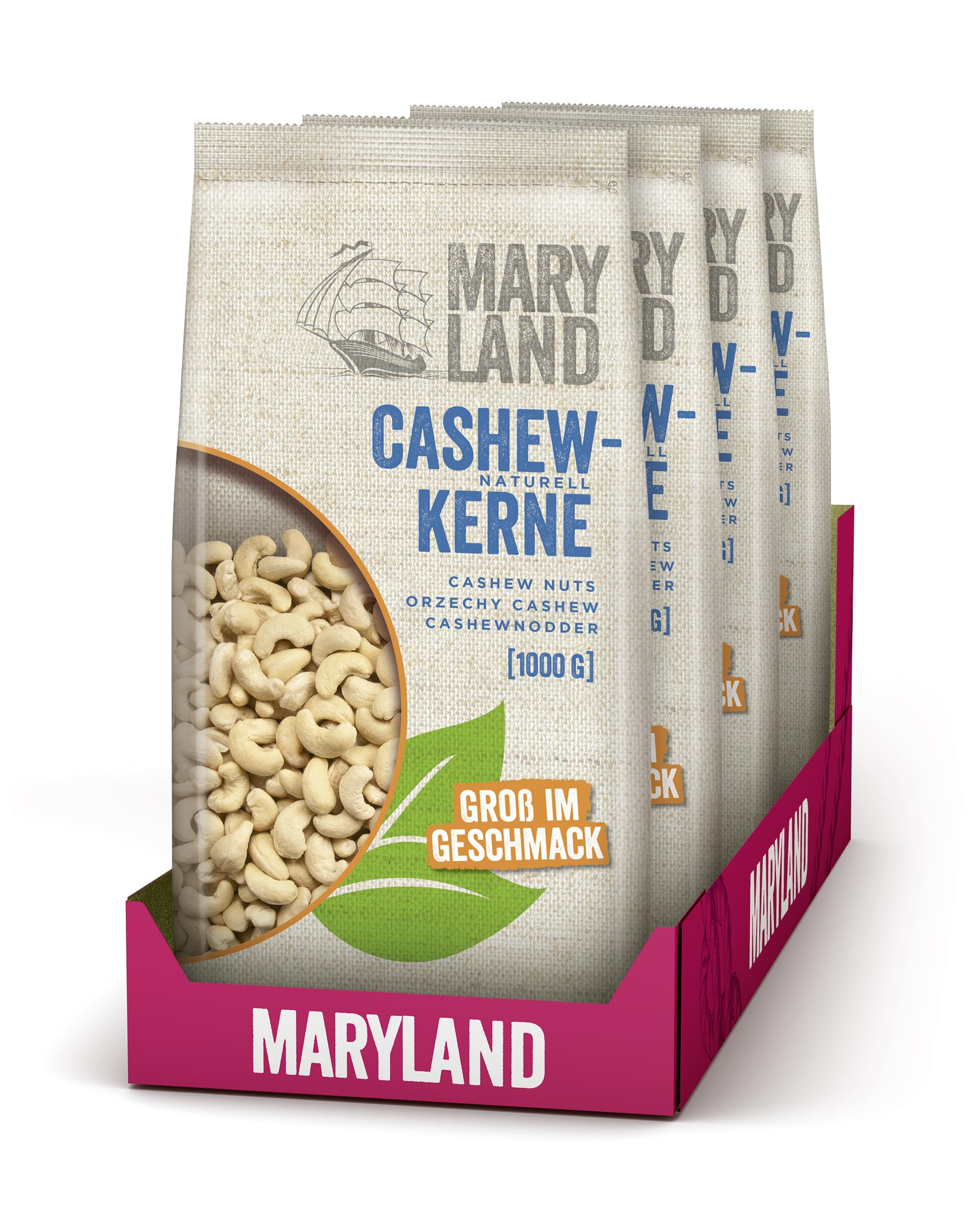 Maryland Cashewkerne 1000g Vorratspackung 4er Pack - Cashewkerne naturbelassen, vegan, frei von künstlichen Aromen, ohne Zusatzstoffe – Im Großbeutel genießen (4 x 1000g)