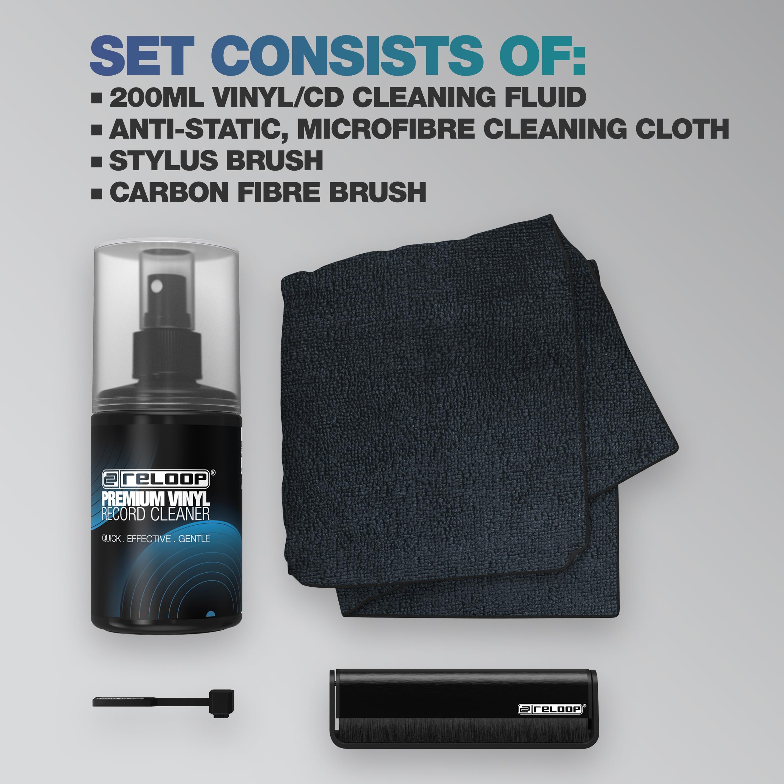 Reloop Premium Vinyl & Stylus Cleaning Set - Kit de Nettoyage Premium 4-en-1 pour Vinyles, CD et Cellules, avec Brosse en Fibre de Carbone et Spray 200 ML