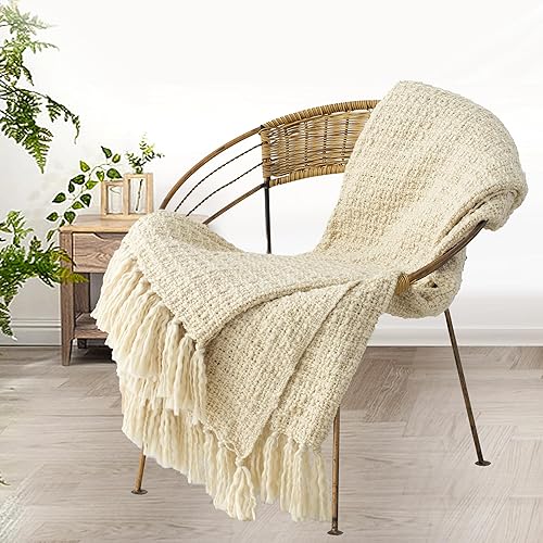 Miniatura 8 de GINAMUSE Manta de punto grueso color crema para sofá, 50 x 60 pulgadas, manta texturizada estilo bohemio para decoración del hogar, manta de punto